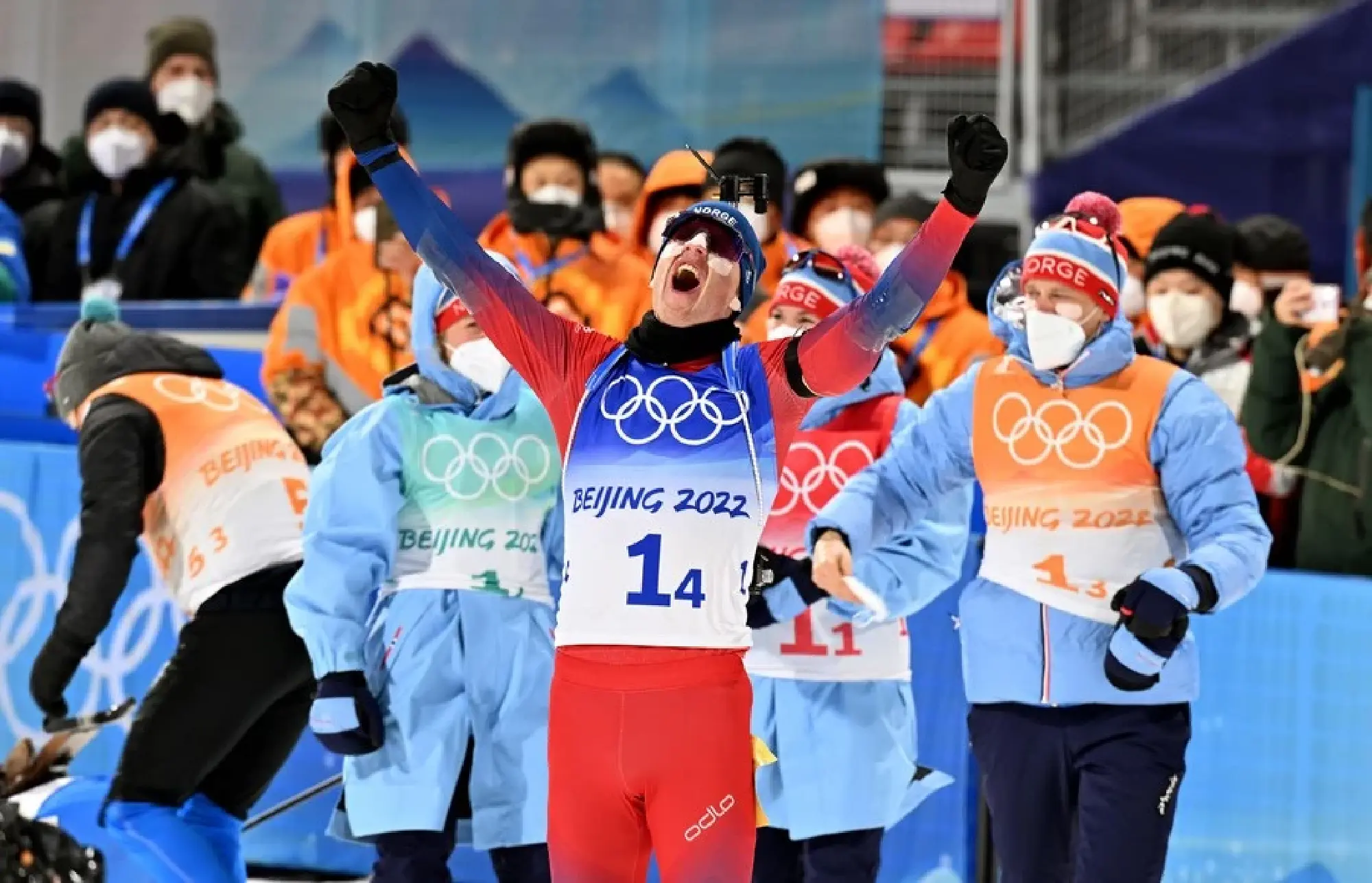 Johannes Thingnes Boe (front) of Norway celebrates after winning biathlon mixed relay 4x6km in Zhangjiakou, north China's Hebei Province on Feb. 5, 2022. (Xinhua/Guo Cheng)