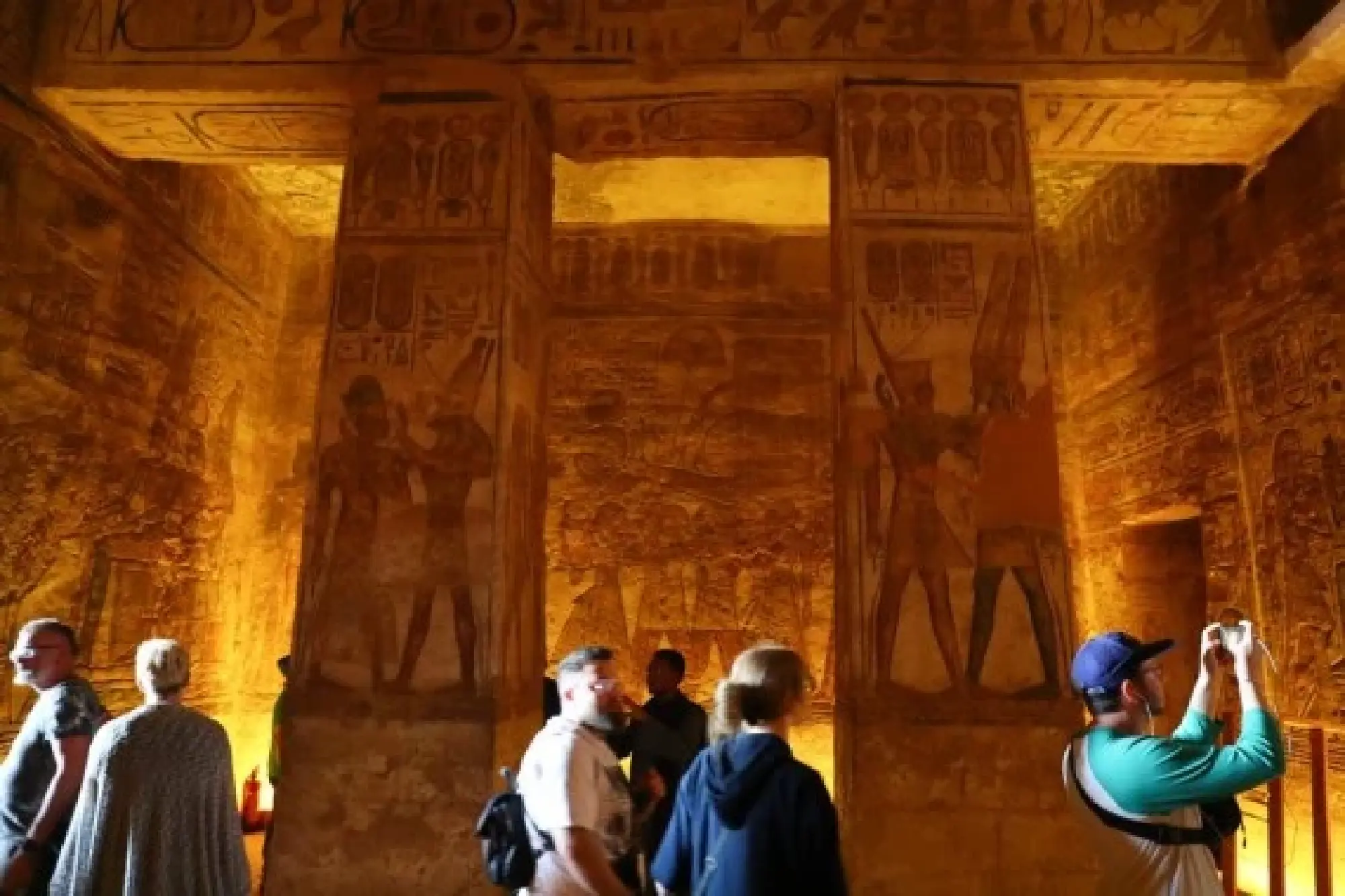Tourists visited the ancient rock-cut Abu Simbel temple in southern Egypt's Aswan on Feb. 22, 2022. (Xinhua/Sui Xiankai)