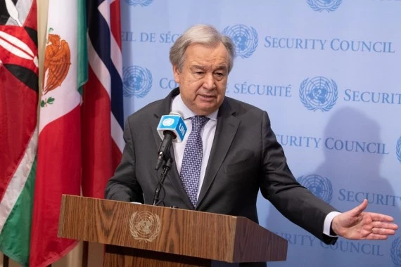UN Secretary-General Antonio Guterres speaks at a press encounter at the UN headquarters in New York, on Feb. 1, 2022. (Eskinder Debebe/UN Photo/Handout via Xinhua)