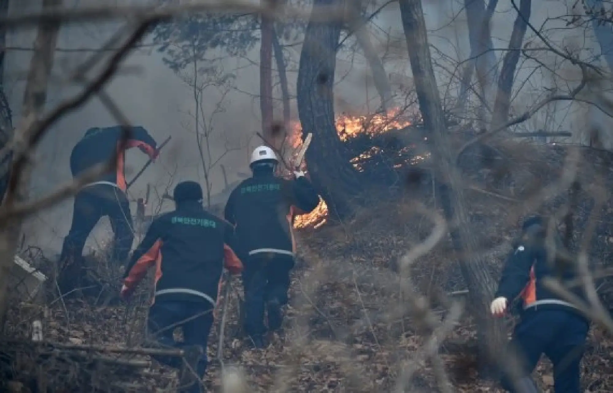 Personnel extinguish a forest fire on a mountain in Yeongdeok, some 350 km southeast of the capital Seoul, South Korea, Feb. 16, 2022. (NEWSIS/Handout via Xinhua)