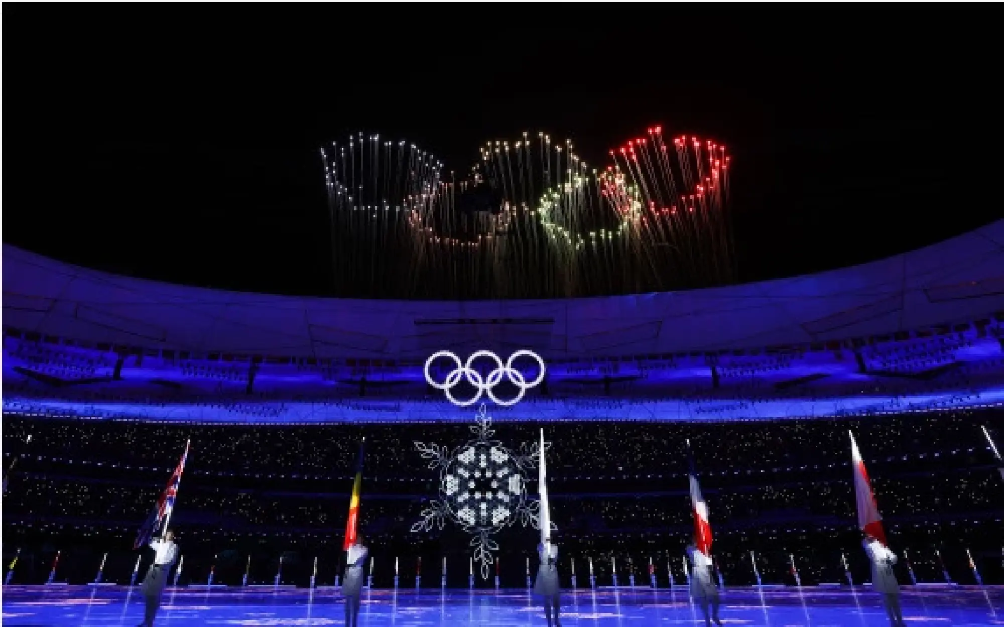 Fireworks illuminate the night sky during the closing ceremony of the Beijing 2022 Olympic Winter Games at the National Stadium in Beijing, capital of China, Feb. 20, 2022. (Xinhua/Cao Can)