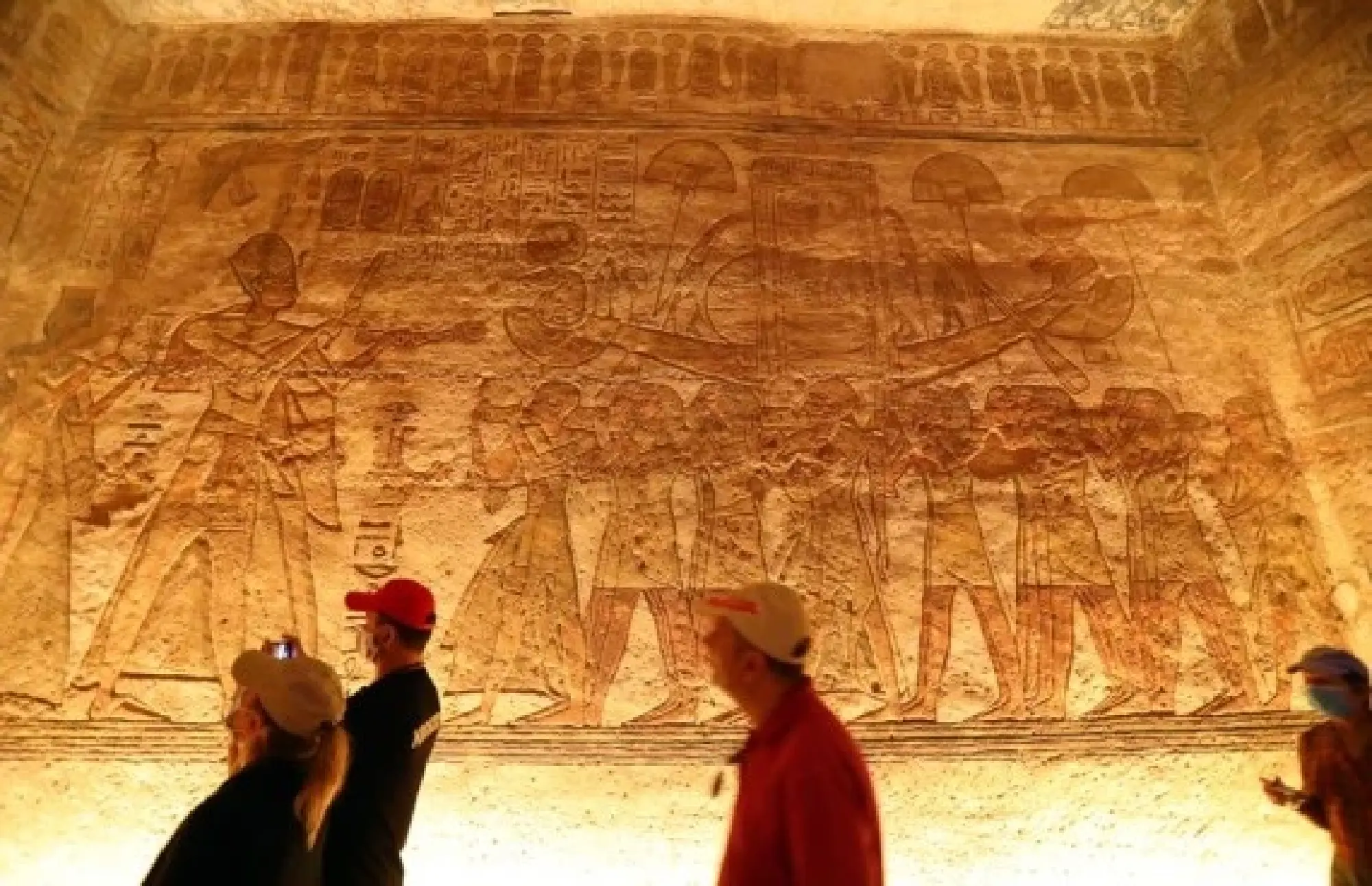 Tourists visited the ancient rock-cut Abu Simbel temple in southern Egypt's Aswan on Feb. 22, 2022. (Xinhua/Sui Xiankai)