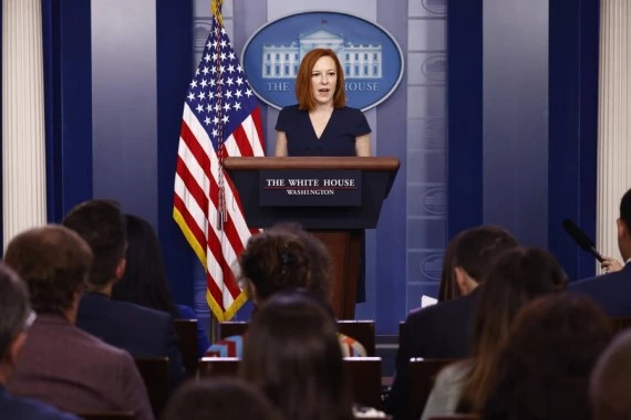 White House press secretary Jen Psaki (Rear) speaks during a press briefing at the White House in Washington, D.C., the United States, on June 8, 2021. (Photo by Ting Shen/Xinhua)