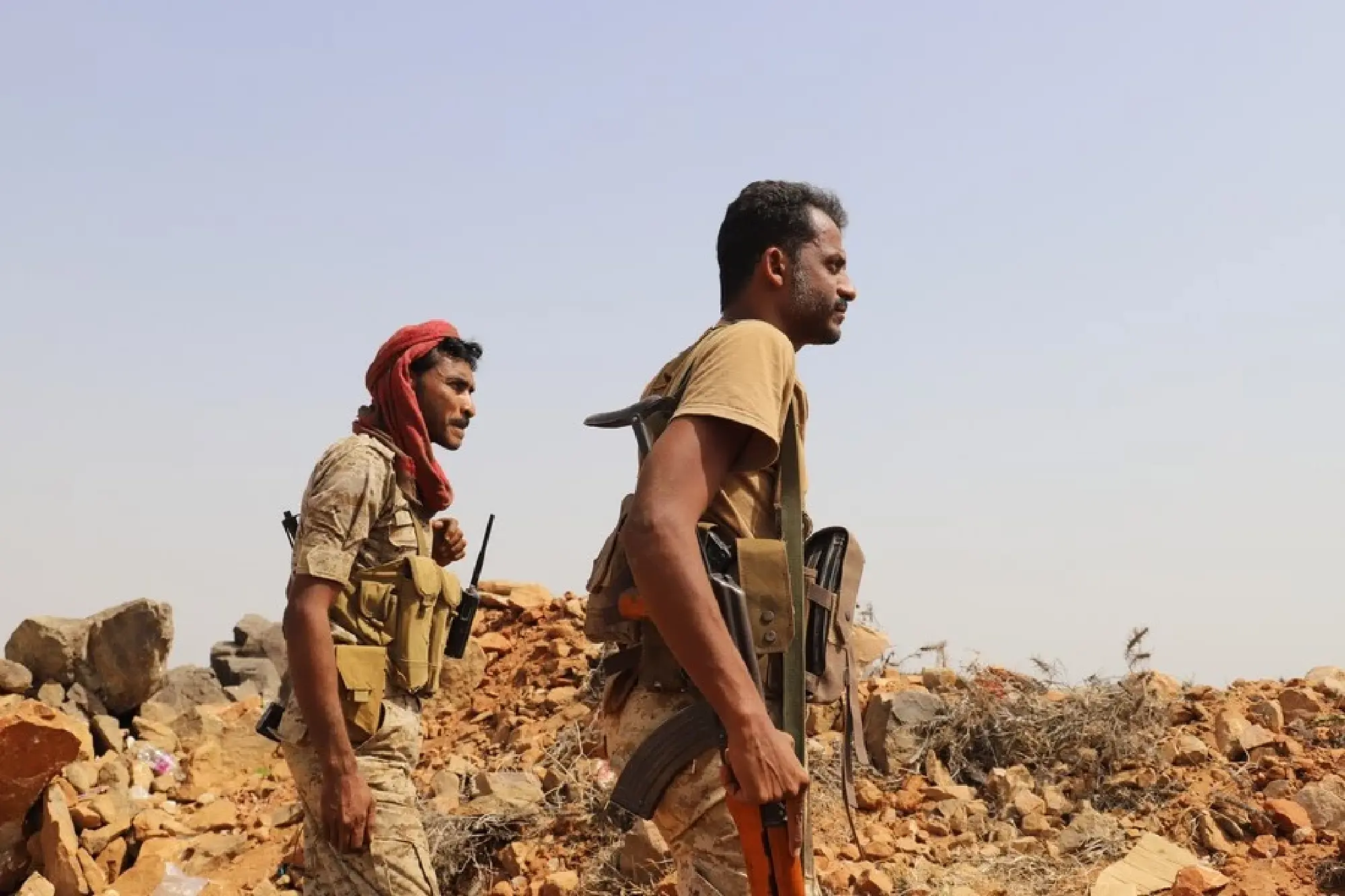 Yemeni government soldiers patrol in Harad district of Hajjah province, which is a frontline between the Houthi militia and the internationally-recognized government in northern Yemen, on Feb. 10, 2022. (Photo by Mohammed Al-Wafi/Xinhua)