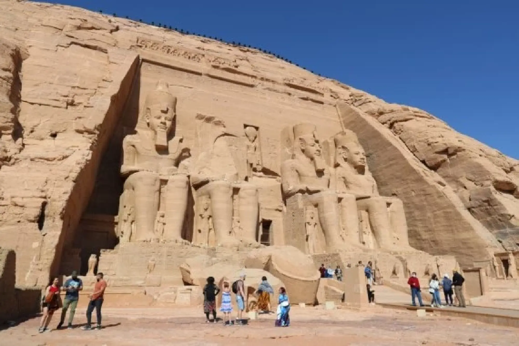 Tourists visited the ancient rock-cut Abu Simbel temple in southern Egypt's Aswan on Feb. 22, 2022. (Xinhua/Sui Xiankai)