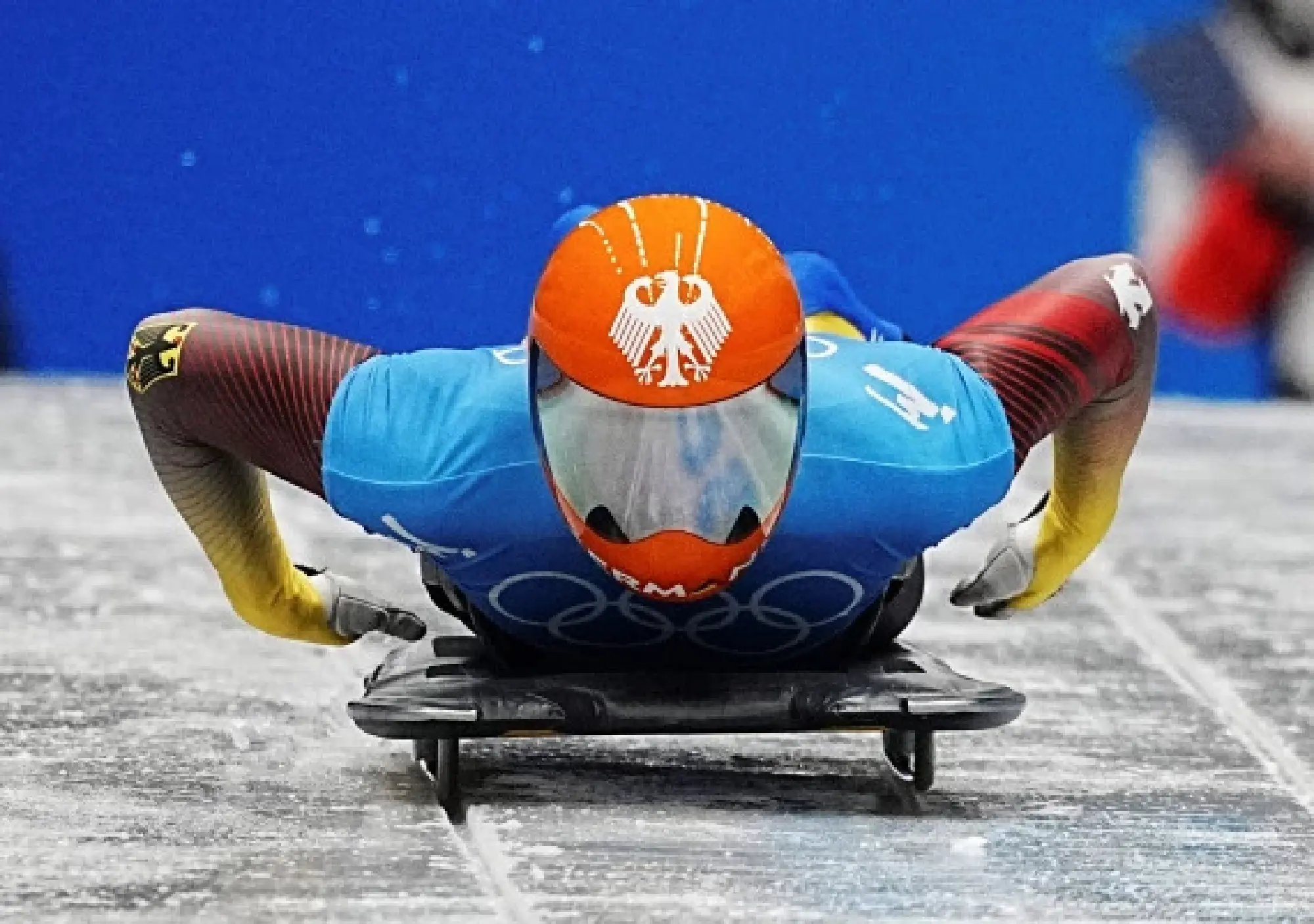 Christopher Grotheer of Germany competes during skeleton men heat of Beijing 2022 Winter Olympics at National Sliding Centre in Yanqing District, Beijing, capital of China, Feb. 11, 2022. (Xinhua/He Zhangshan)