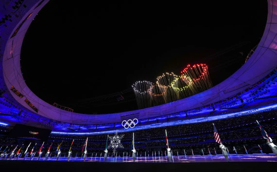 Fireworks illuminate the night sky during the closing ceremony of the 24th Olympic Winter Games at the National Stadium in Beijing, capital of China, Feb. 20, 2022. (Xinhua/Ju Huanzong)