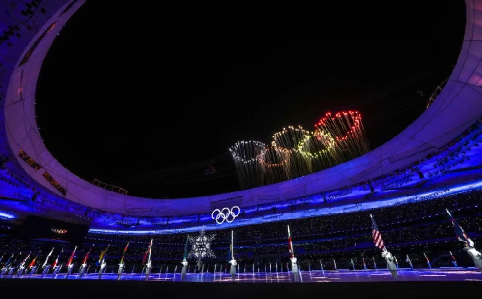 Fireworks illuminate the night sky during the closing ceremony of the 24th Olympic Winter Games at the National Stadium in Beijing, capital of China, Feb. 20, 2022. (Xinhua/Ju Huanzong)
