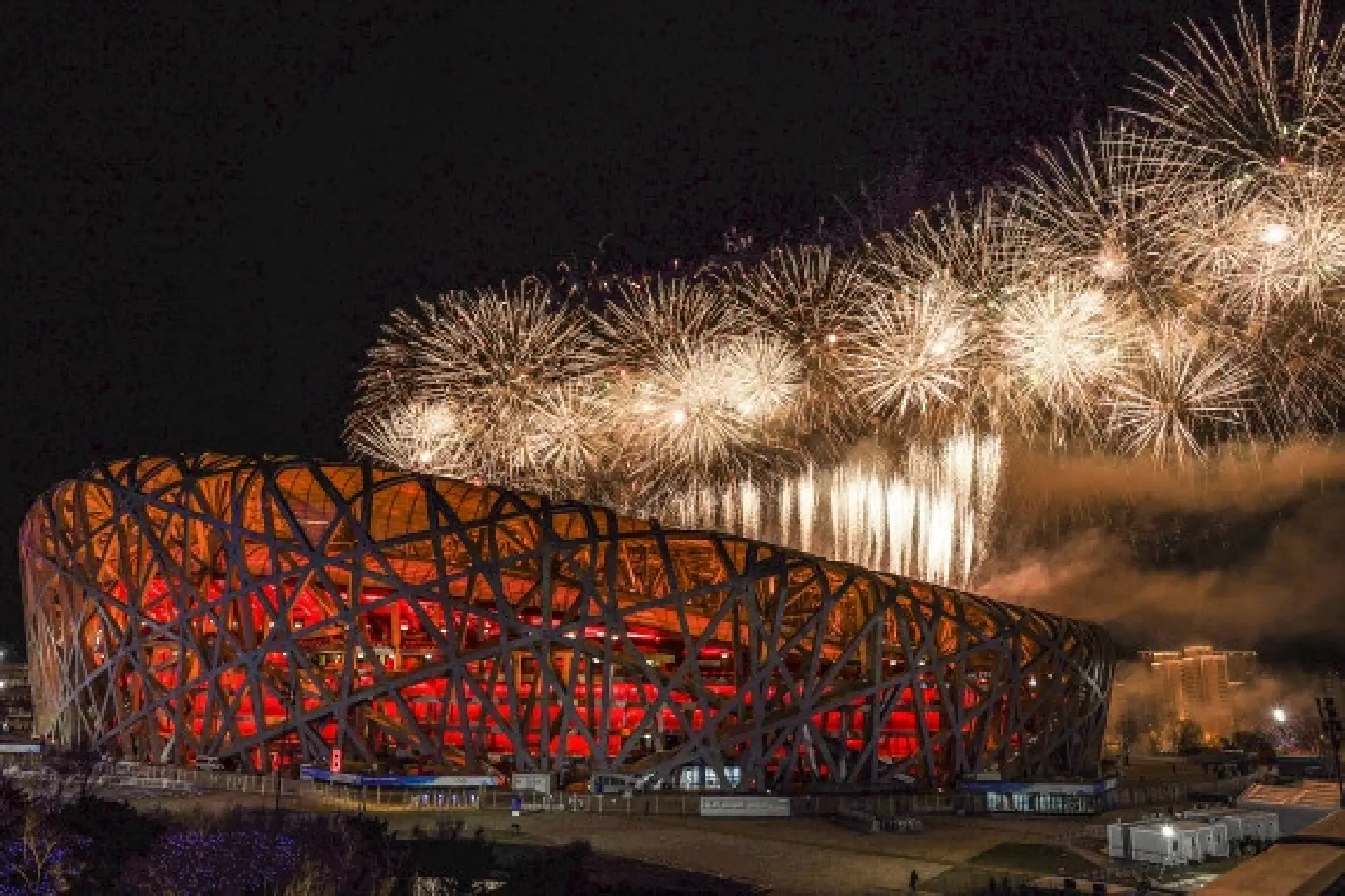 Fireworks illuminate the night sky during the closing ceremony of the Beijing 2022 Olympic Winter Games at the National Stadium in Beijing, capital of China, Feb. 20, 2022. (Xinhua/Zhang Yuwei)