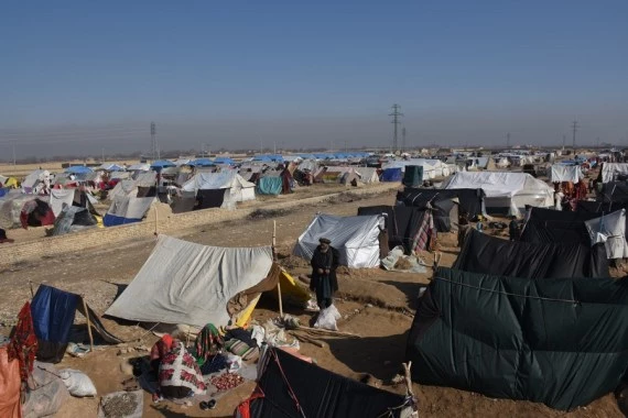 Photo taken on Feb. 10, 2022 shows a displaced person camp in Nahr Shahi district of Balkh province, southern Afghanistan. (Photo by Kawa Basharat/Xinhua)