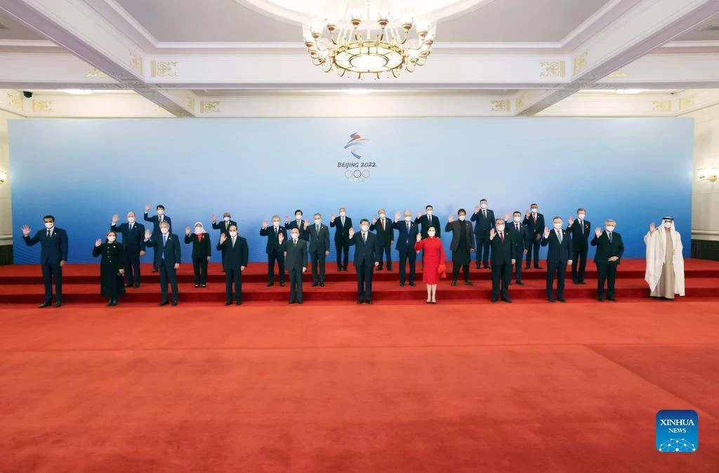 Chinese President Xi Jinping and his wife Peng Liyuan pose for a group photo with distinguished guests from around the world who attended the opening ceremony of the Beijing 2022 Olympic Winter Games, at the Great Hall of the People in Beijing, capital of China, Feb. 5, 2022. (Xinhua/Xie Huanchi)
