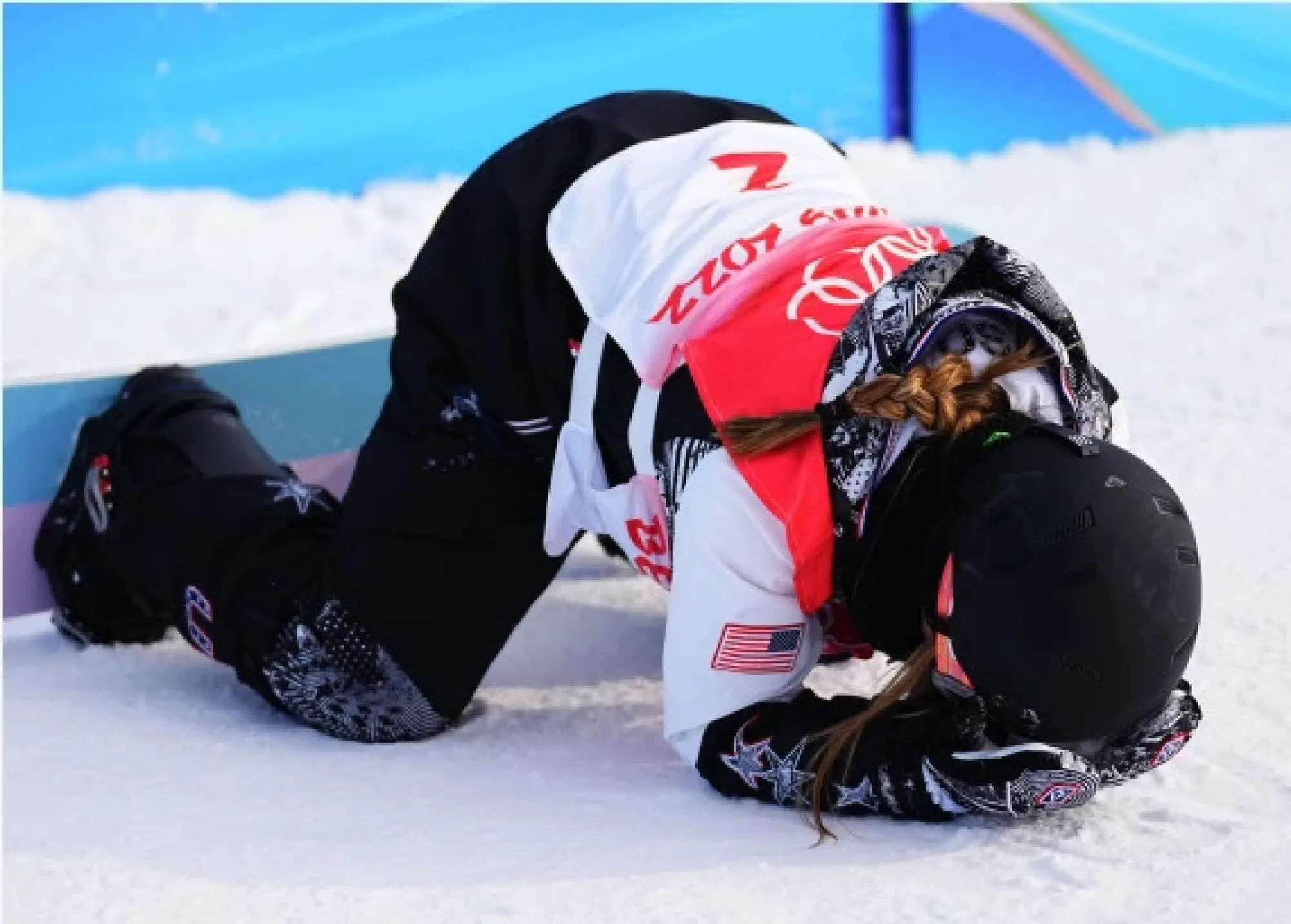 Chloe Kim of the United States reacts during the women's snowboard halfpipe final at Genting Snow Park in Zhangjiakou, north China's Hebei Province, Feb. 10, 2022. (Xinhua/Xu Chang)