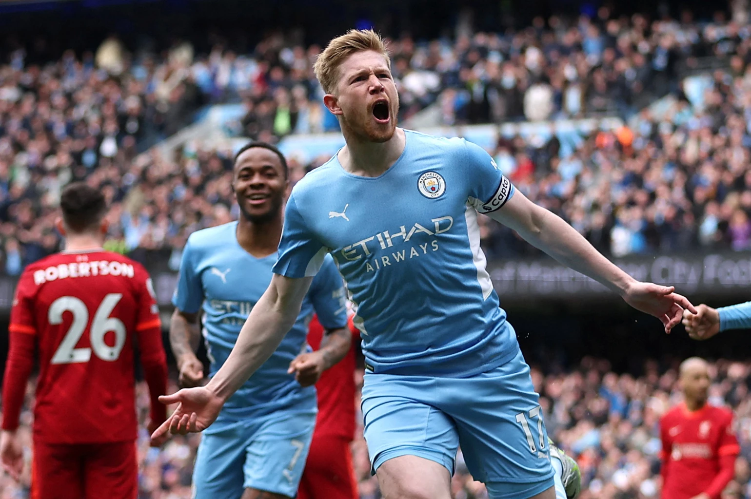 Kevin De Bruyne celebrates scoring their first goal with Raheem Sterling Action Images via Reuters