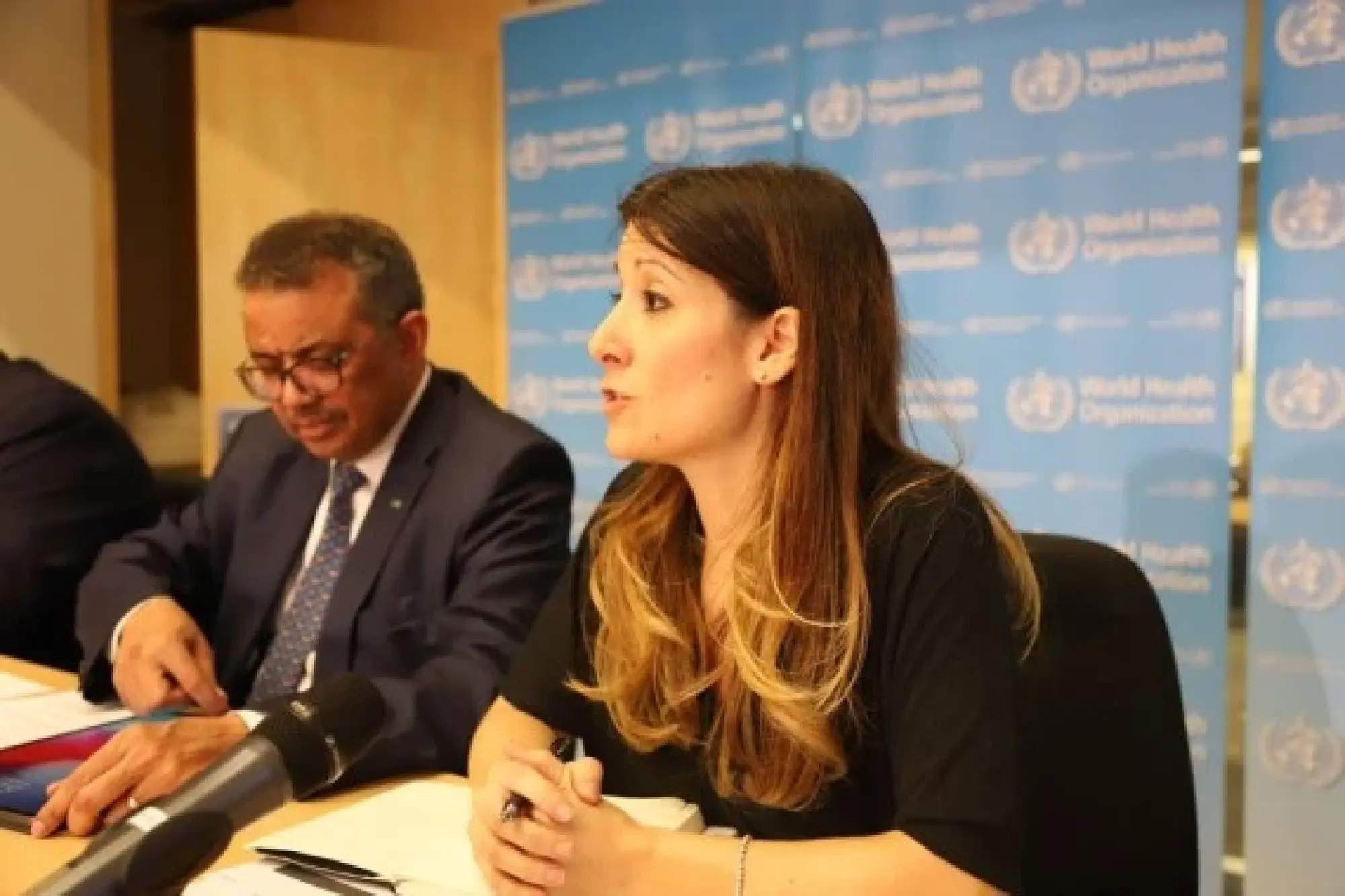 Technical lead for the WHO's Health Emergencies Program Maria van Kerkhove (R) speaks during a daily briefing in Geneva, Switzerland, on March 5, 2020. (Xinhua/Chen Junxia)