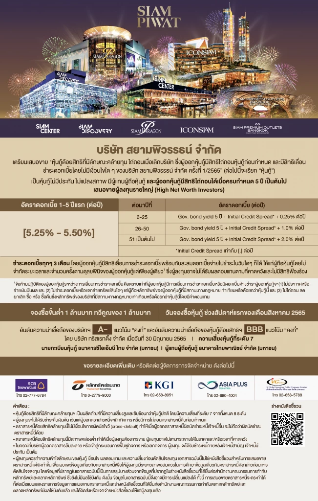 Siam Piwat is set to issue perpetual bonds, offering first-ever opportunity for investors to be part of its long-standing success in its stride towards future businesses