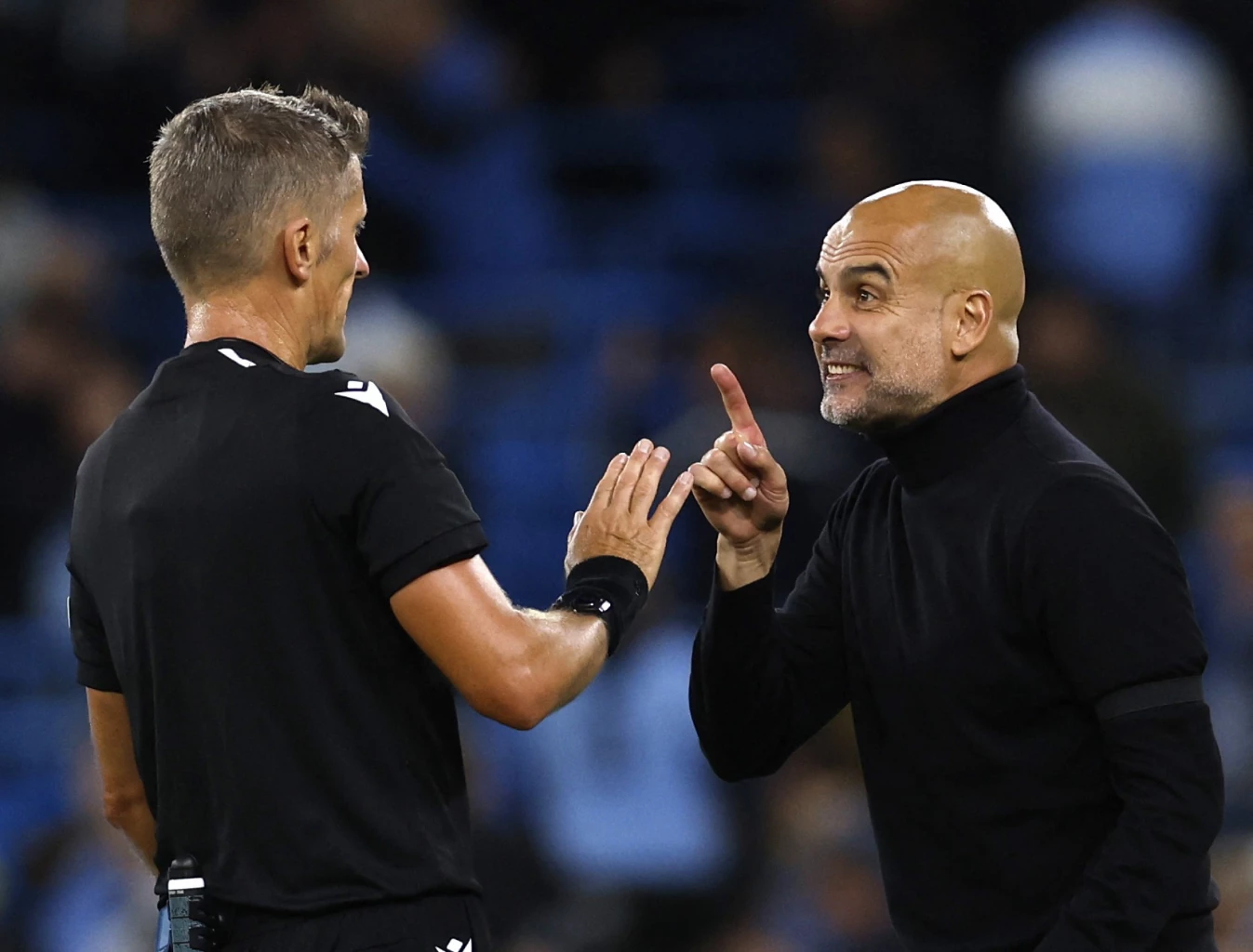  Manchester City manager Pep Guardiola remonstrates with referee Daniele Orsato after the match Action Images via Reuters