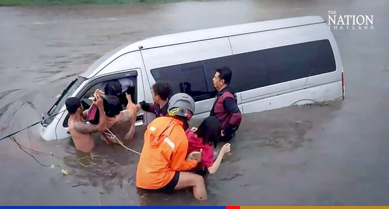 15 students rescued from vehicle trapped in run-off in Rayong