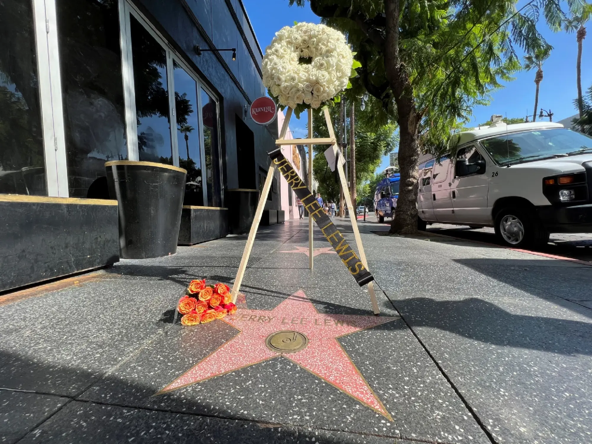Flowers are laid at Jerry Lee Lewis\' star in Hollywood Walk of Fame, in Los Angeles, California, U.S., October 28, 2022.