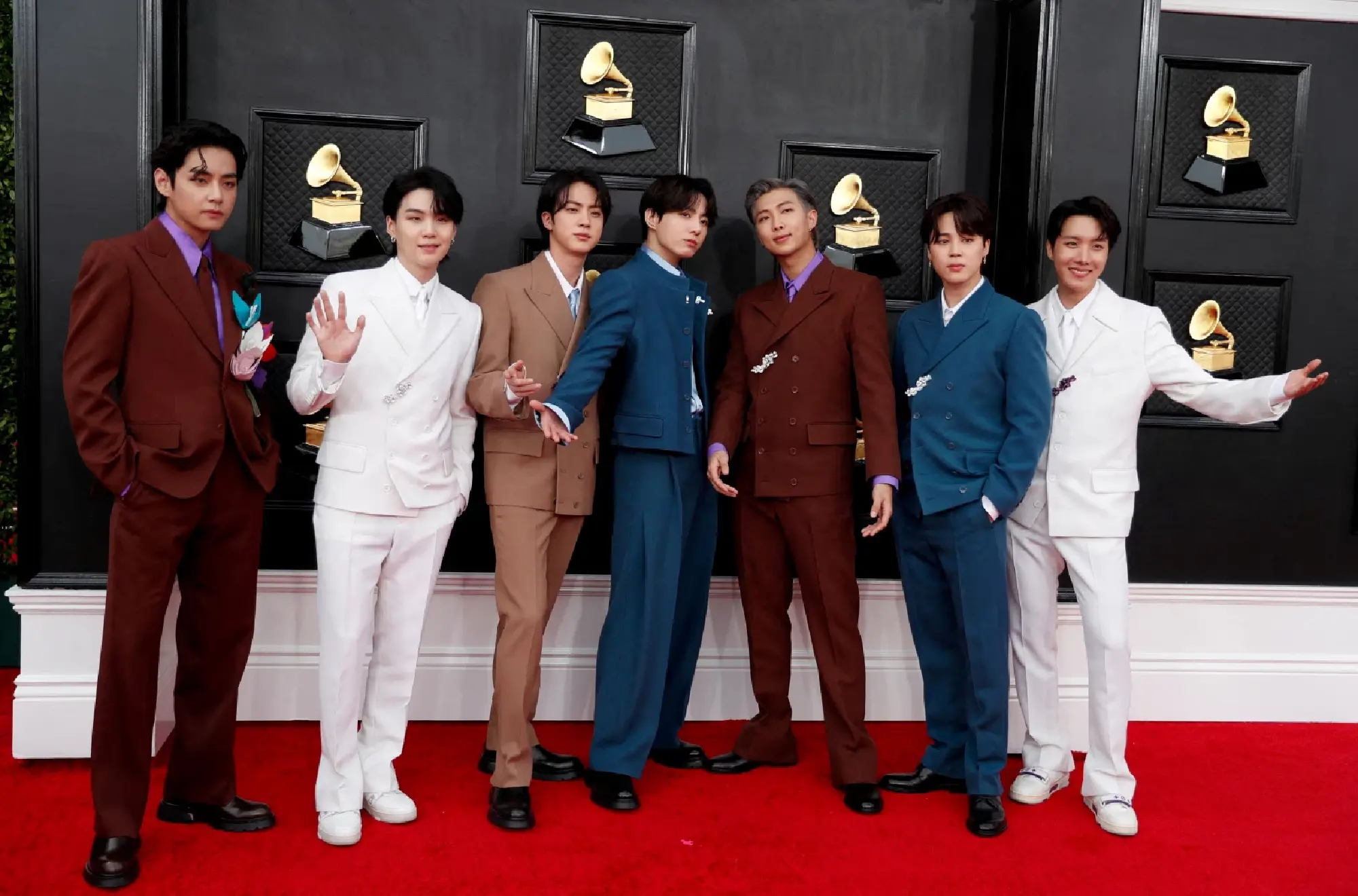 BTS pose on the red carpet as they attend the 64th Annual Grammy Awards at the MGM Grand Garden Arena in Las Vegas, Nevada, U.S., April 3, 2022.