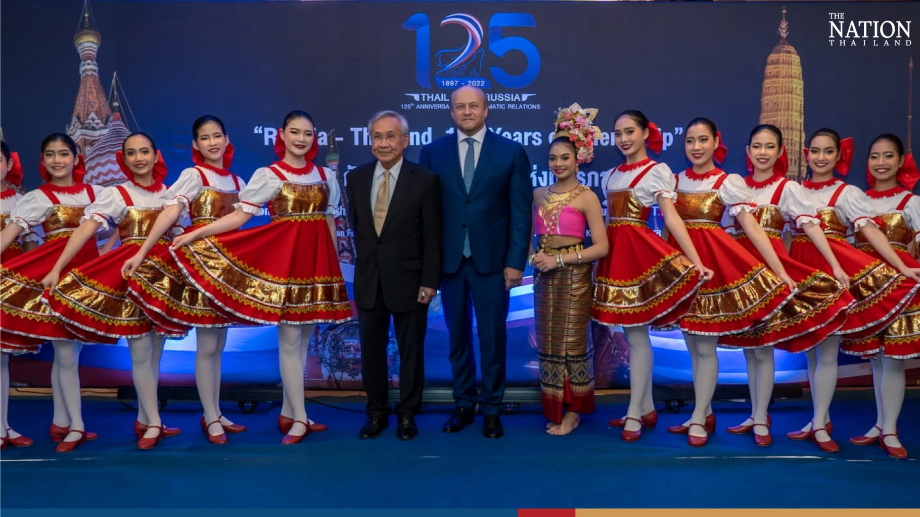 Thailand’s Deputy Prime Minister and Minister of Foreign Affairs H.E. Mr. Don Pramudwinai and H.E. Mr. Evgeny Tomikhin, the Ambassador of Russia to Thailand, are seen at a reception organized on July 4, 2022 by the Russian Embassy in Thailand on the occasion of the 125th anniversary of the establishment of diplomatic relations between the two countries.   