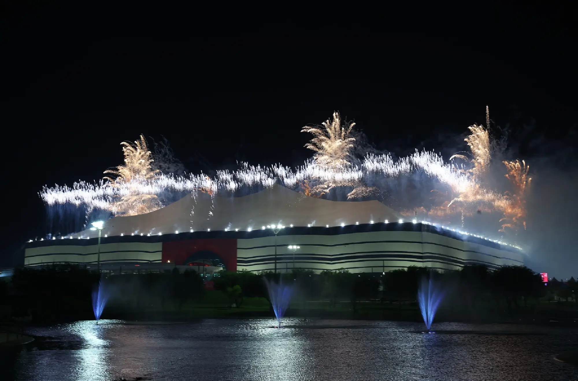 General view outside the stadium with fireworks during the opening ceremony