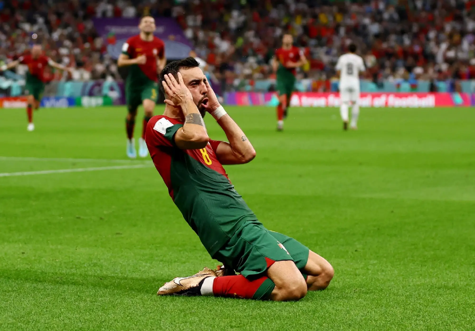 Portugal's Bruno Fernandes celebrates scoring their second goal 