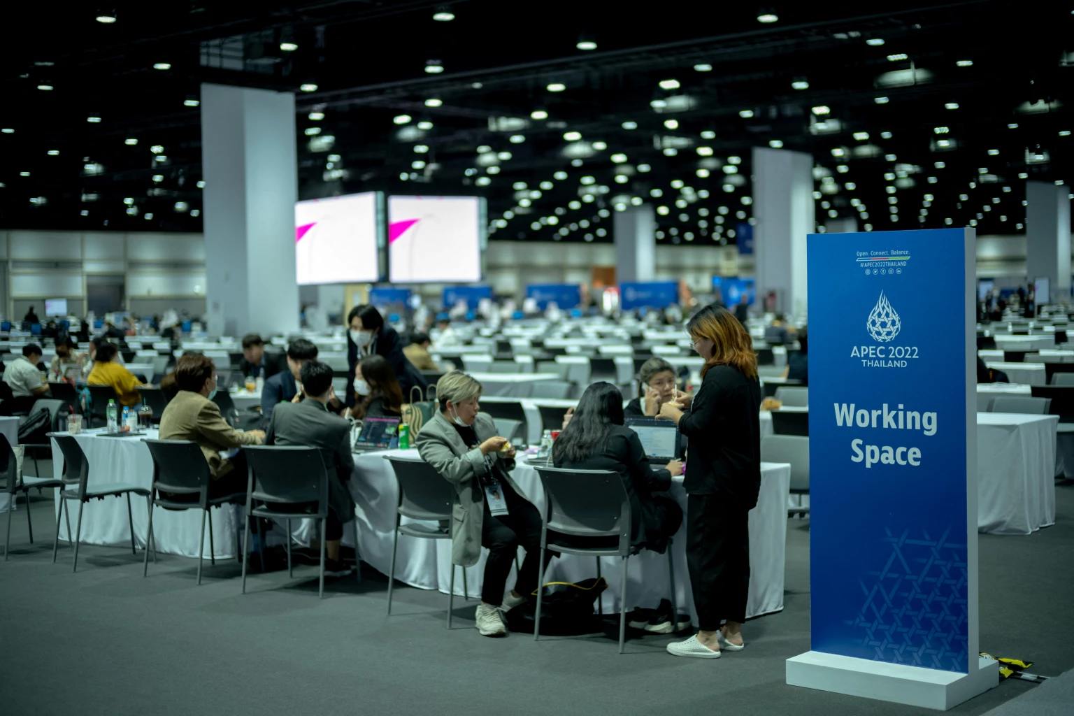 Members of media work inside the Queen Sirikit National Convention Center where the APEC summit will be held, in Bangkok, Thailand, November 14, 2022. REUTERS/Athit Perawongmetha