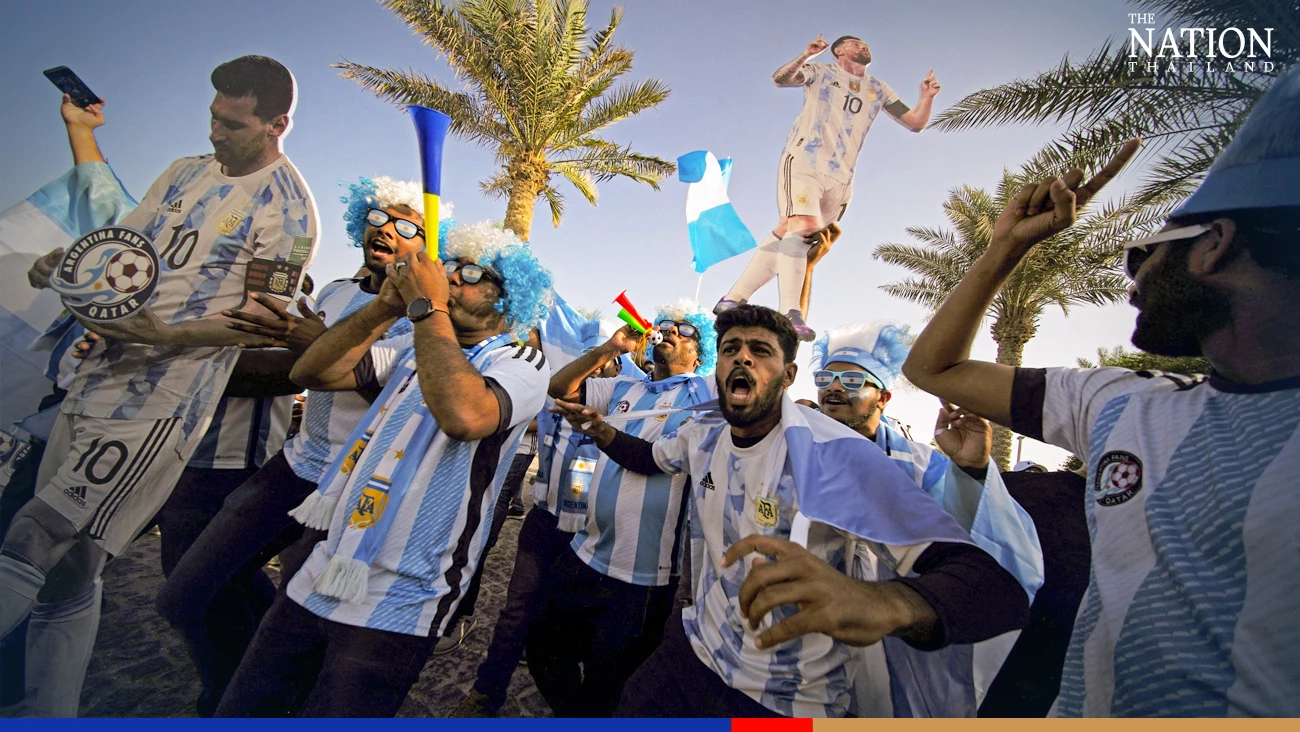 Argentina fans display Lionel Messi cardboard cut outs at the National Museum of Qatar