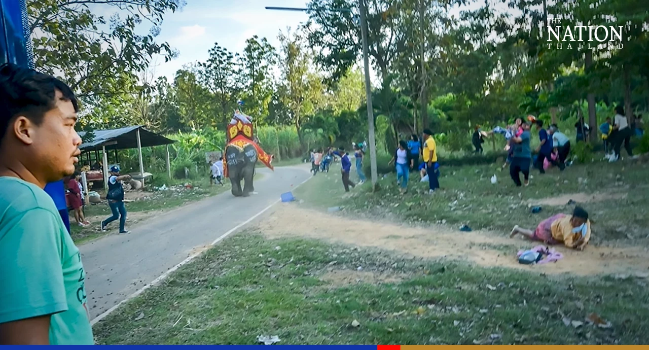 Furious elephant stomps people at ordination ceremony in Buriram