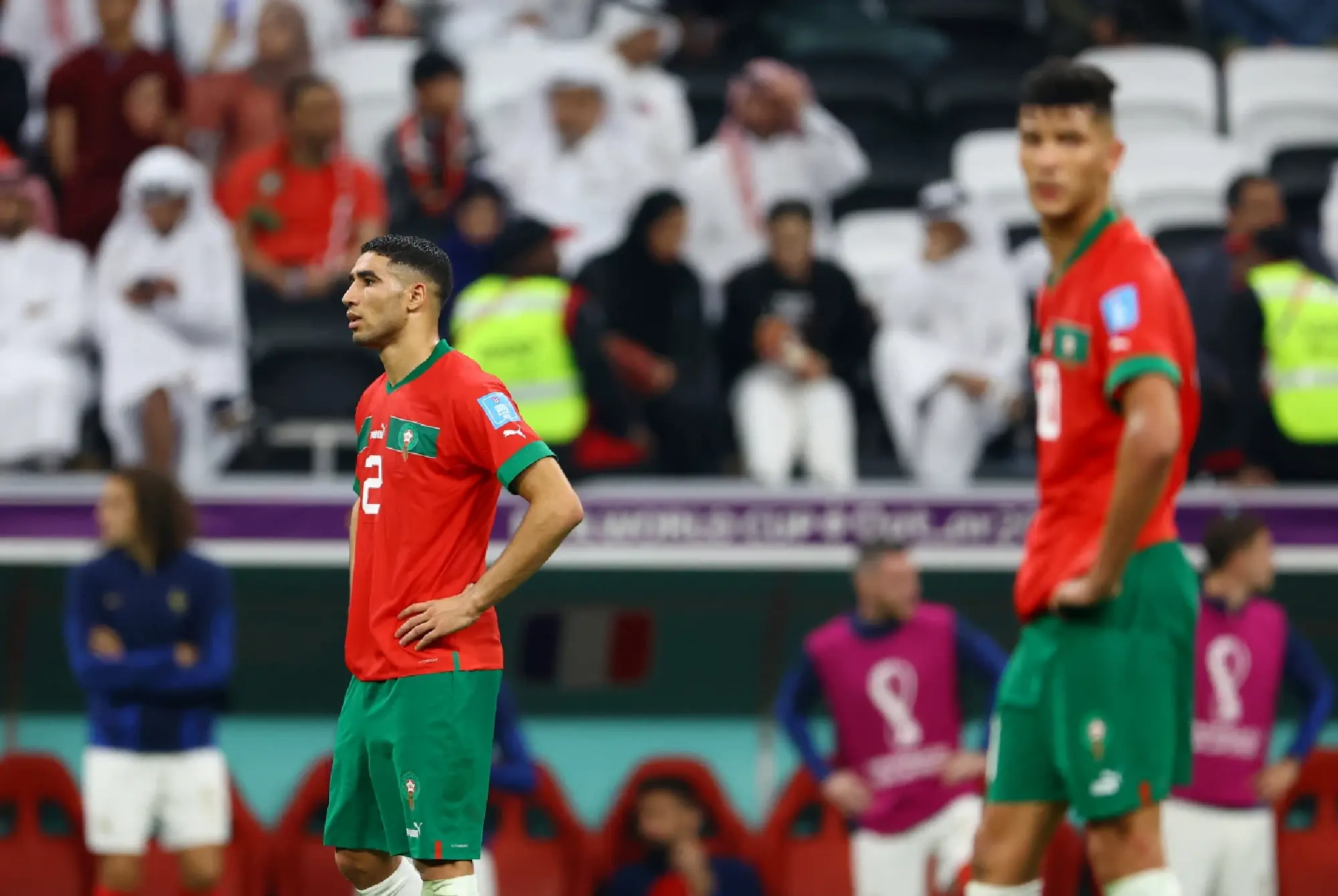 Morocco's Achraf Hakimi looks dejected 