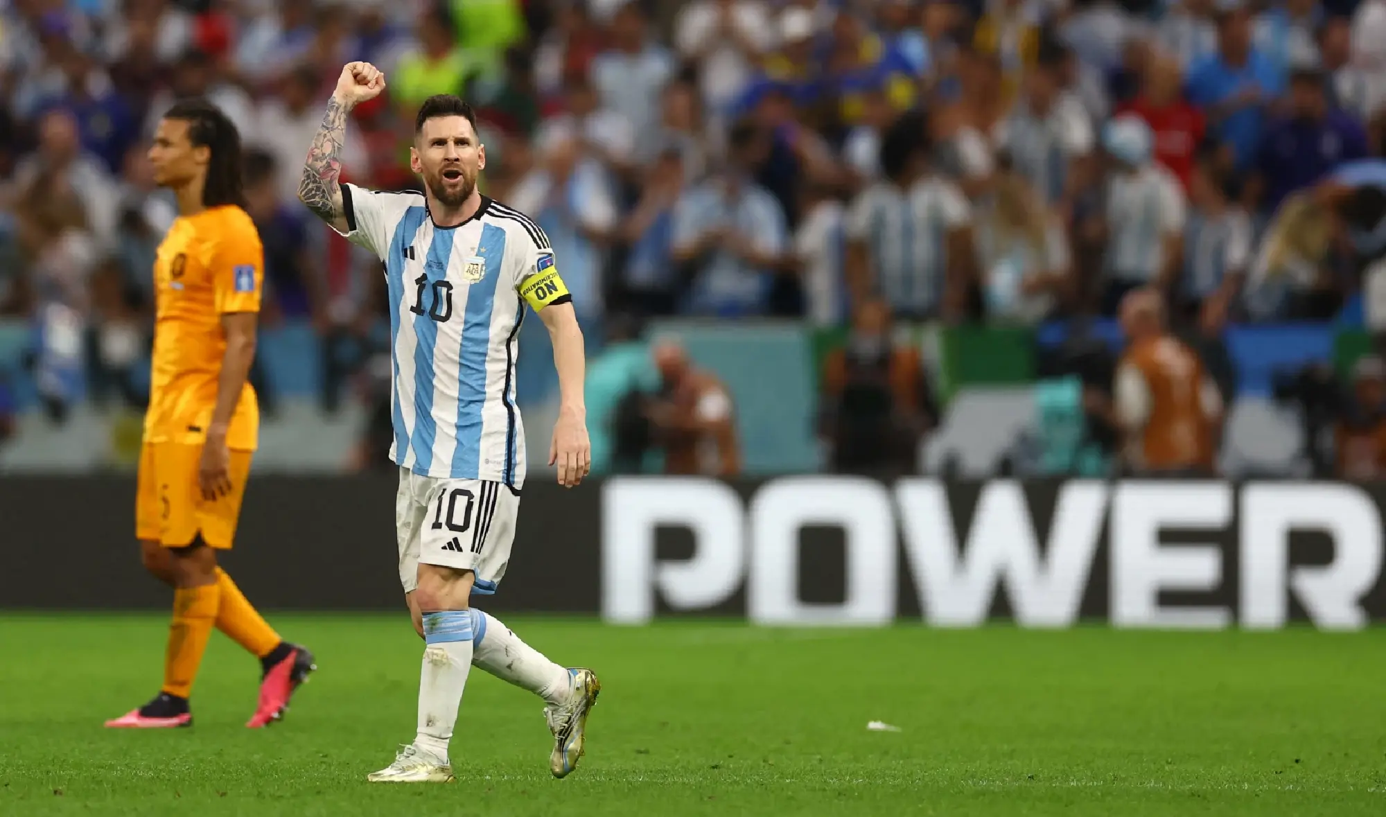 Argentina's Lionel Messi celebrates scoring their second goal