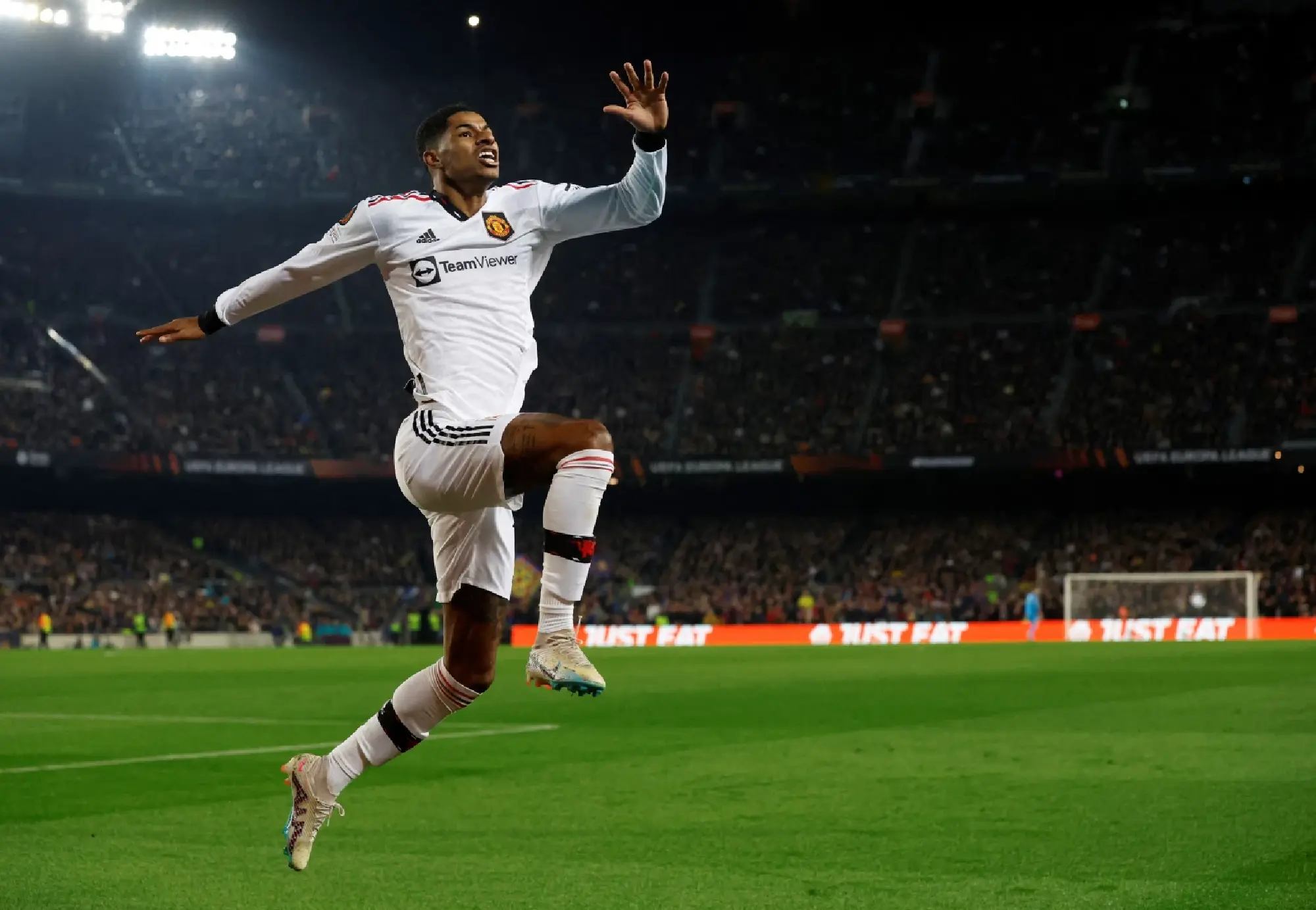  Marcus Rashford celebrates after FC Barcelona's Jules Kounde scored an own goal and the second for Manchester United