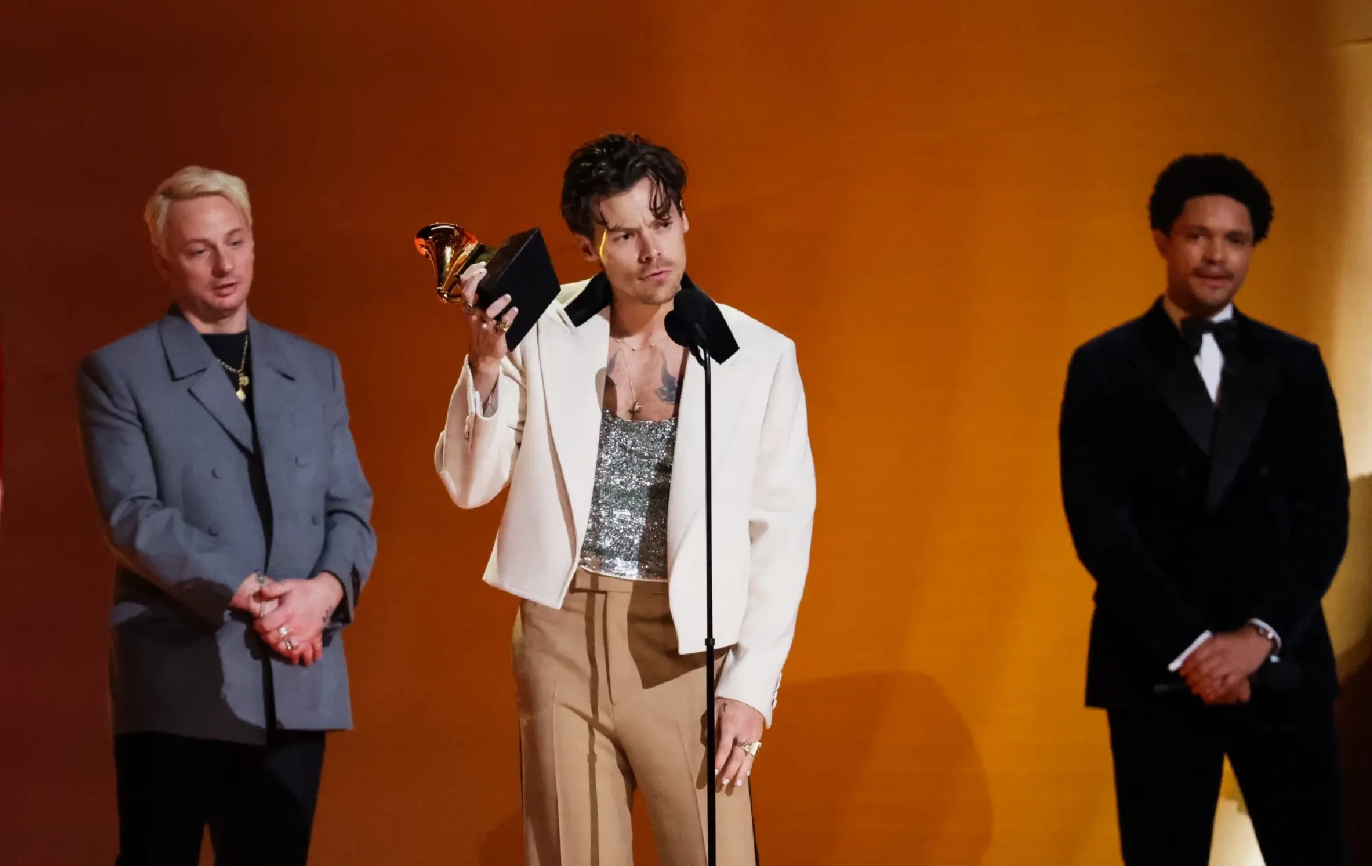 Harry Styles accepts the Album Of The Year award for &quot;Harry\'s House&quot; during the 65th Annual Grammy Awards in Los Angeles, California, U.S.