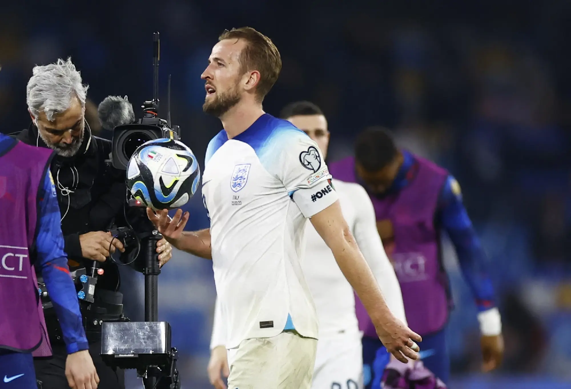Harry Kane with the matchball after the match