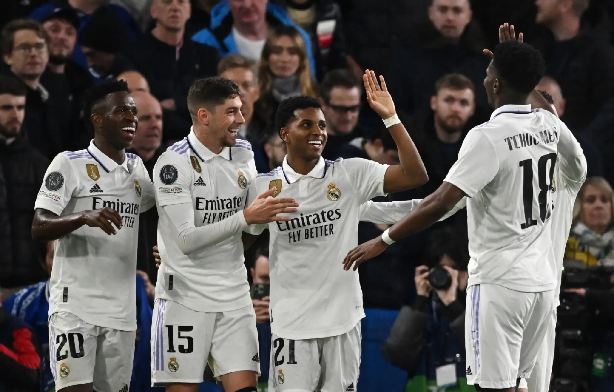  Rodrygo celebrates scoring their second goal with Vinicius Junior, Federico Valverde and Aurelien Tchouameni 