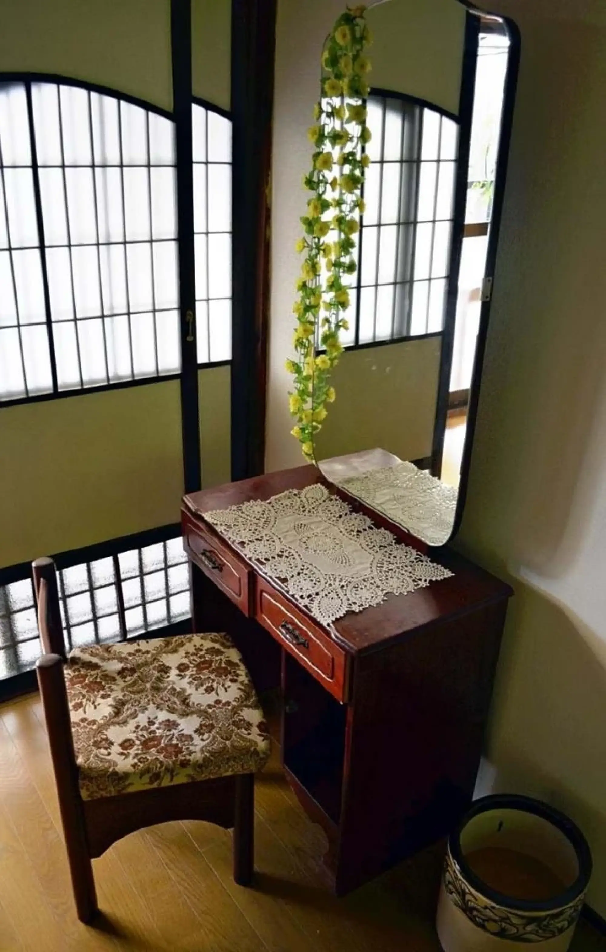 A dressing table with a mirror and chair that was used when the brothel was in operation The Yomiuri Shimbun