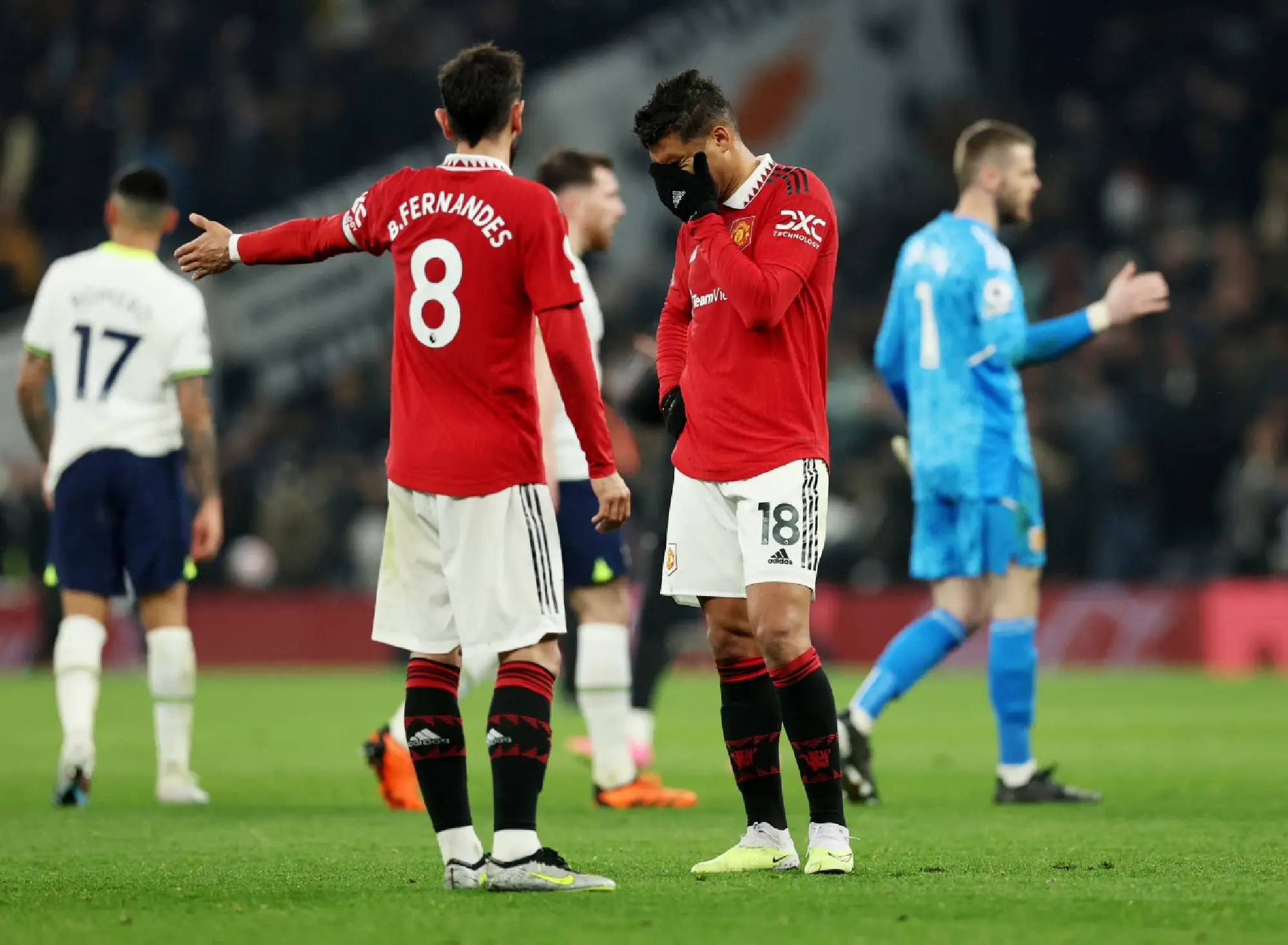 Manchester United\'s Bruno Fernandes and Casemiro after the match