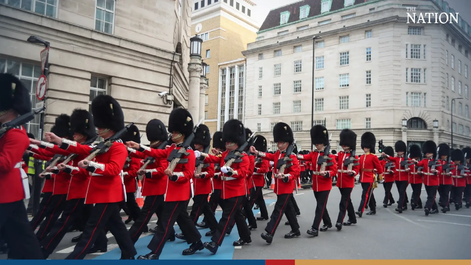 Troops in full military uniform are seen at Waterloo train station from various military barracks, as part of Britain's King Charles' coronation in London, Britain