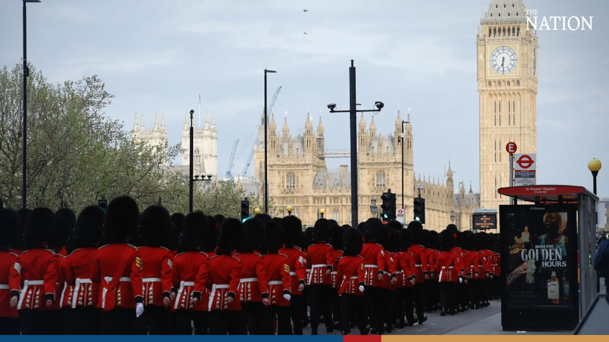 Troops in full military uniform are seen at Waterloo train station from various military barracks, as part of Britain's King Charles' coronation in London, Britain
