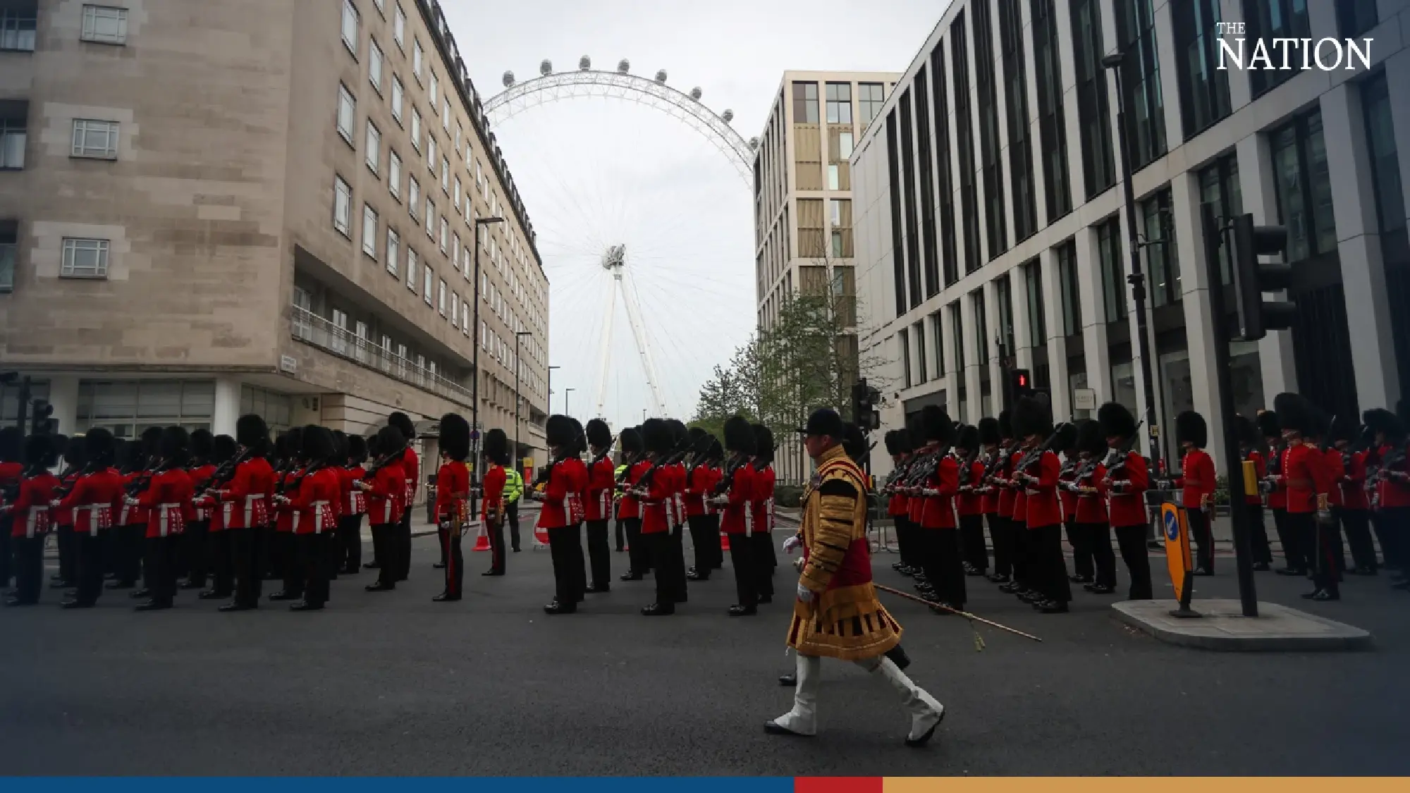Troops in full military uniform are seen at Waterloo train station from various military barracks, as part of Britain's King Charles' coronation in London, Britain