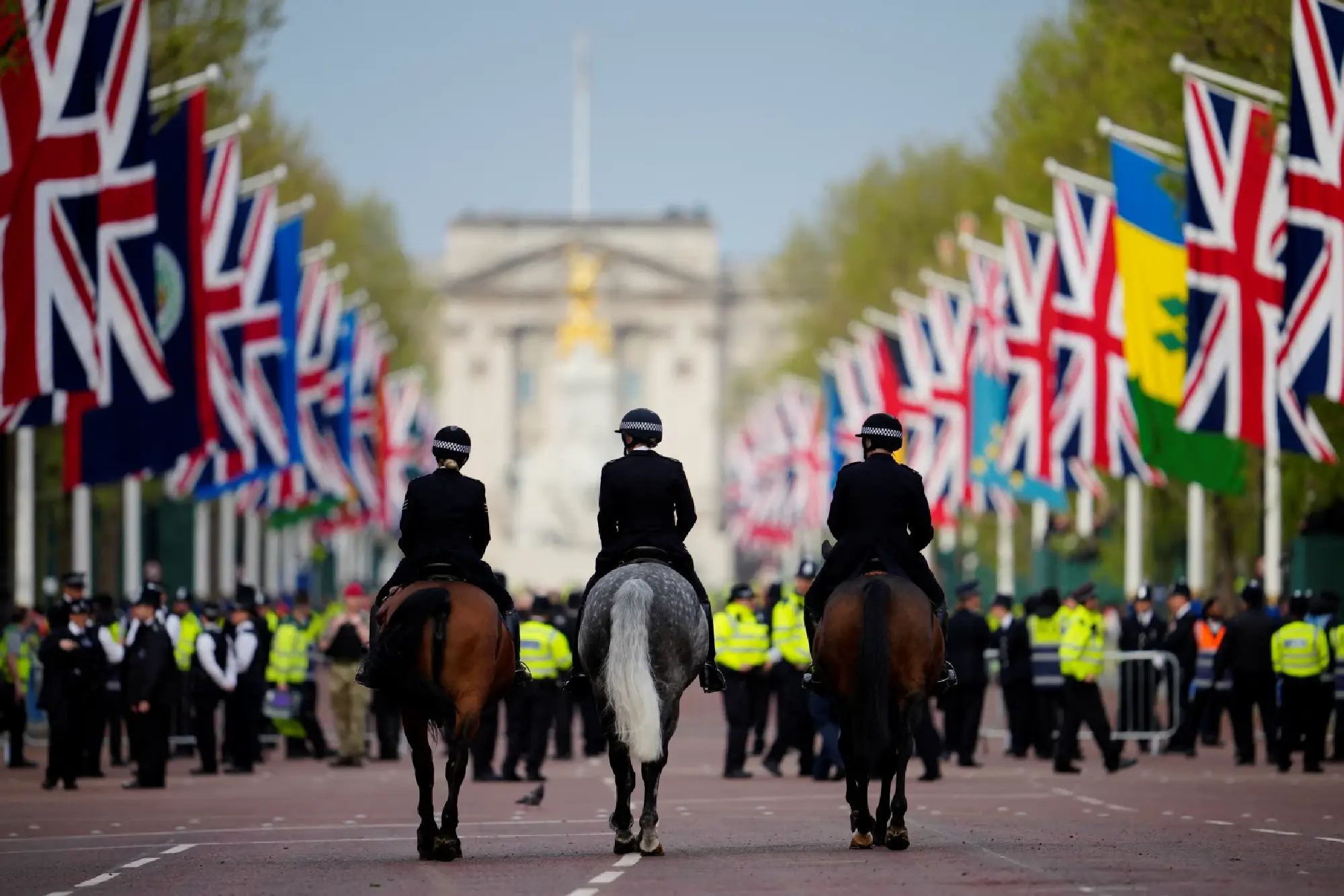 Police ride on horsebacks at the Mall before coronation of Britain's King Charles III in London