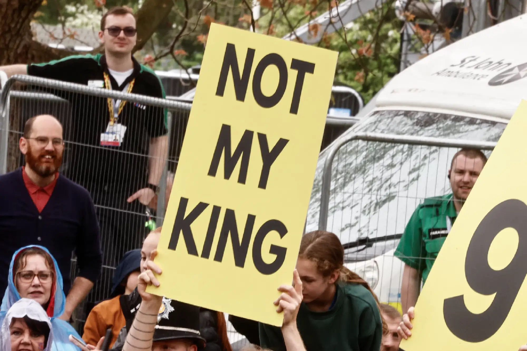 Anti-monarchy demonstrators protest on the day of Britain's King Charles' coronation ceremony, at The Mall in London, Britain