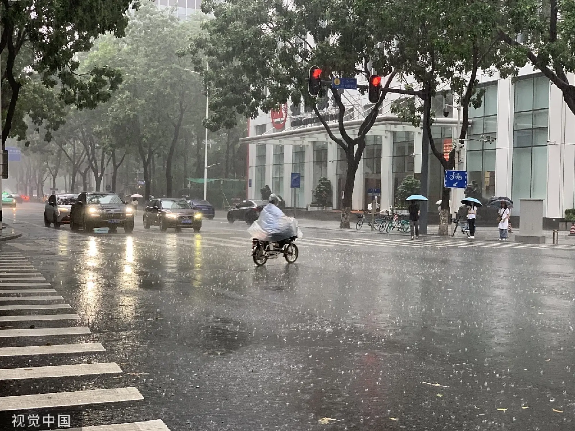 People travel in heavy rain due to Typhoon Talim in Zhujiang New Town of Guangzhou, Guangdong province, on July 18, 2023. Typhoon Talim made landfall in the coastal area of Guangdong at around 10:20 pm on Monday. [Photo/VCG]