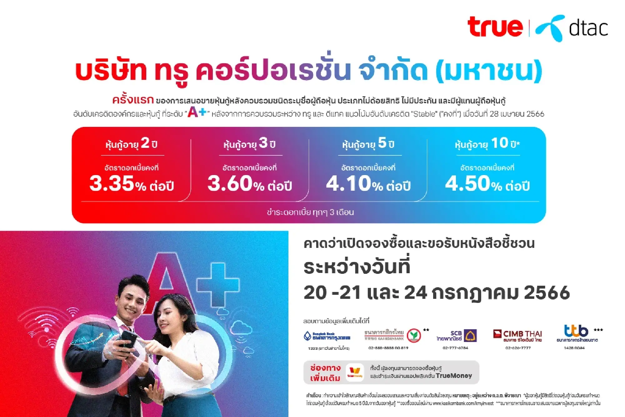 True sets to offer a new A+ rated debentures to investors with coupon rates of 3.35-4.50% per annum on July 20-21 and 24