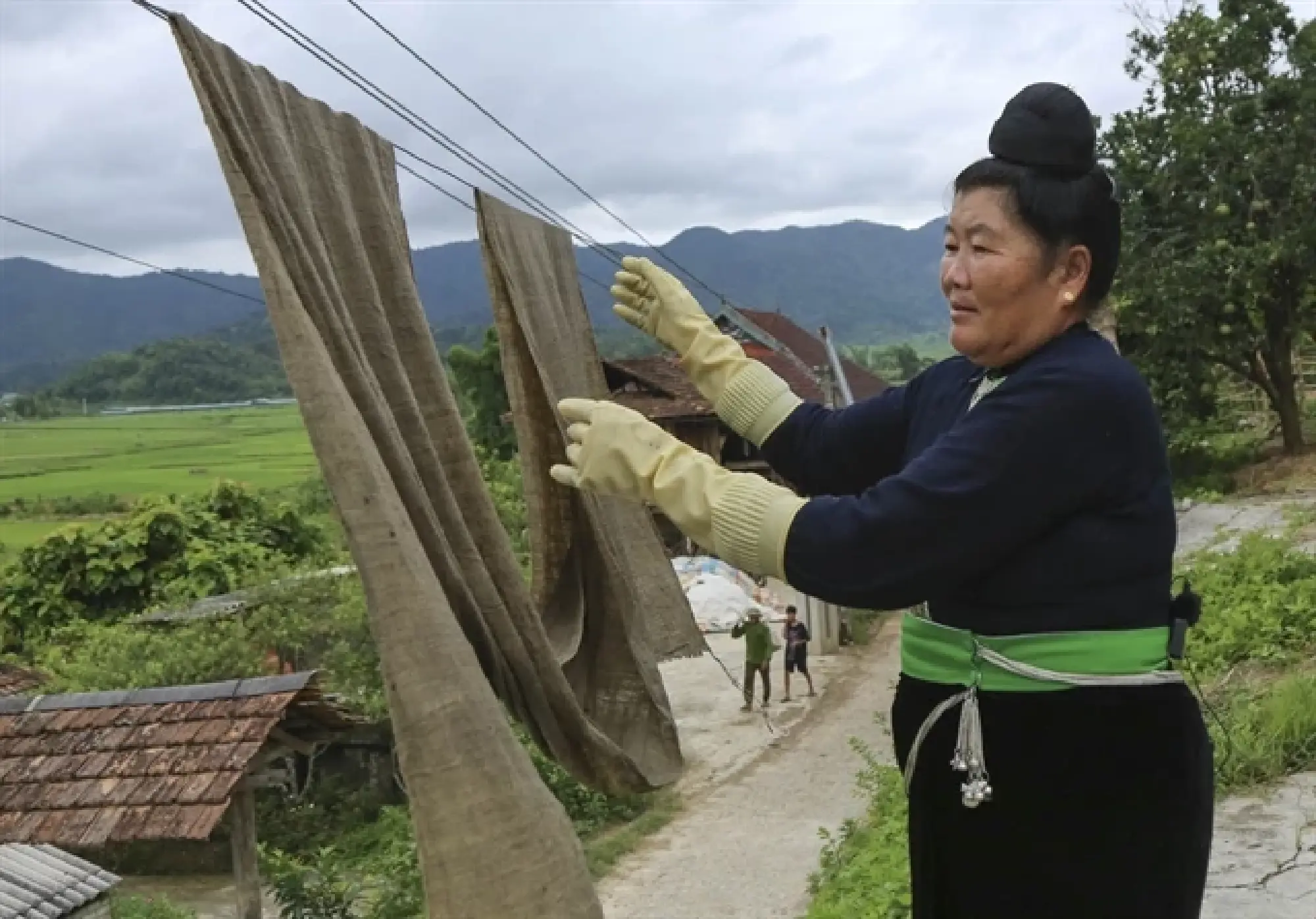 After dyeing, the fabric is hung out to dry without washing. The process is repeated over seven days.