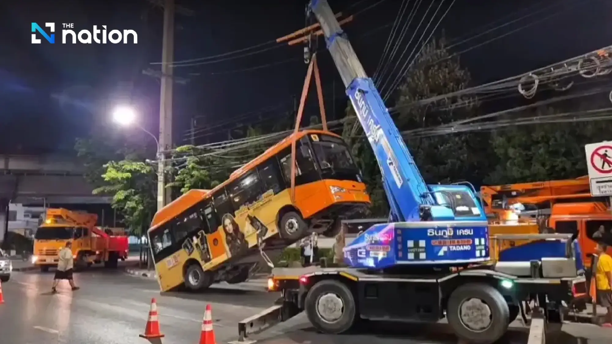 No injuries as city bus loses control, gets hung up on power lines