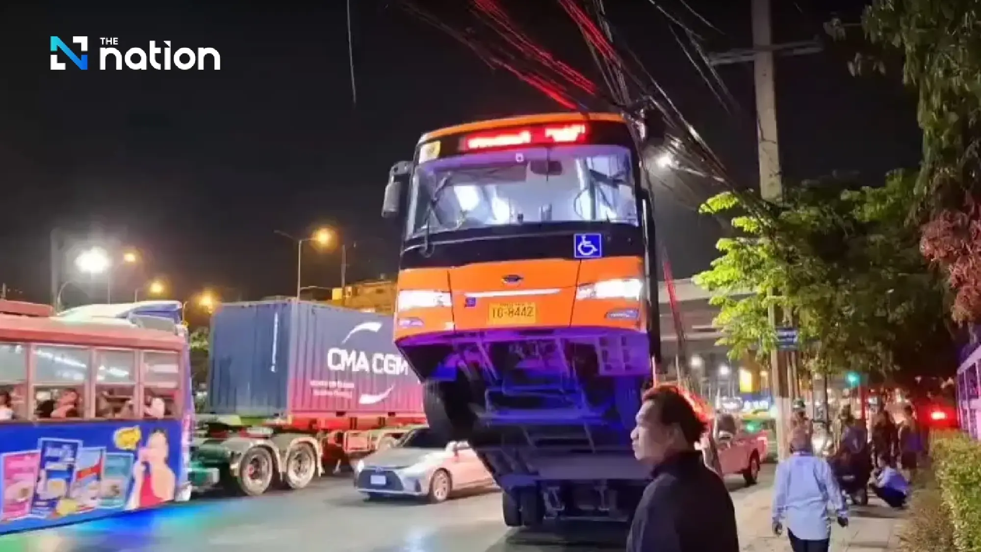 No injuries as city bus loses control, gets hung up on power lines