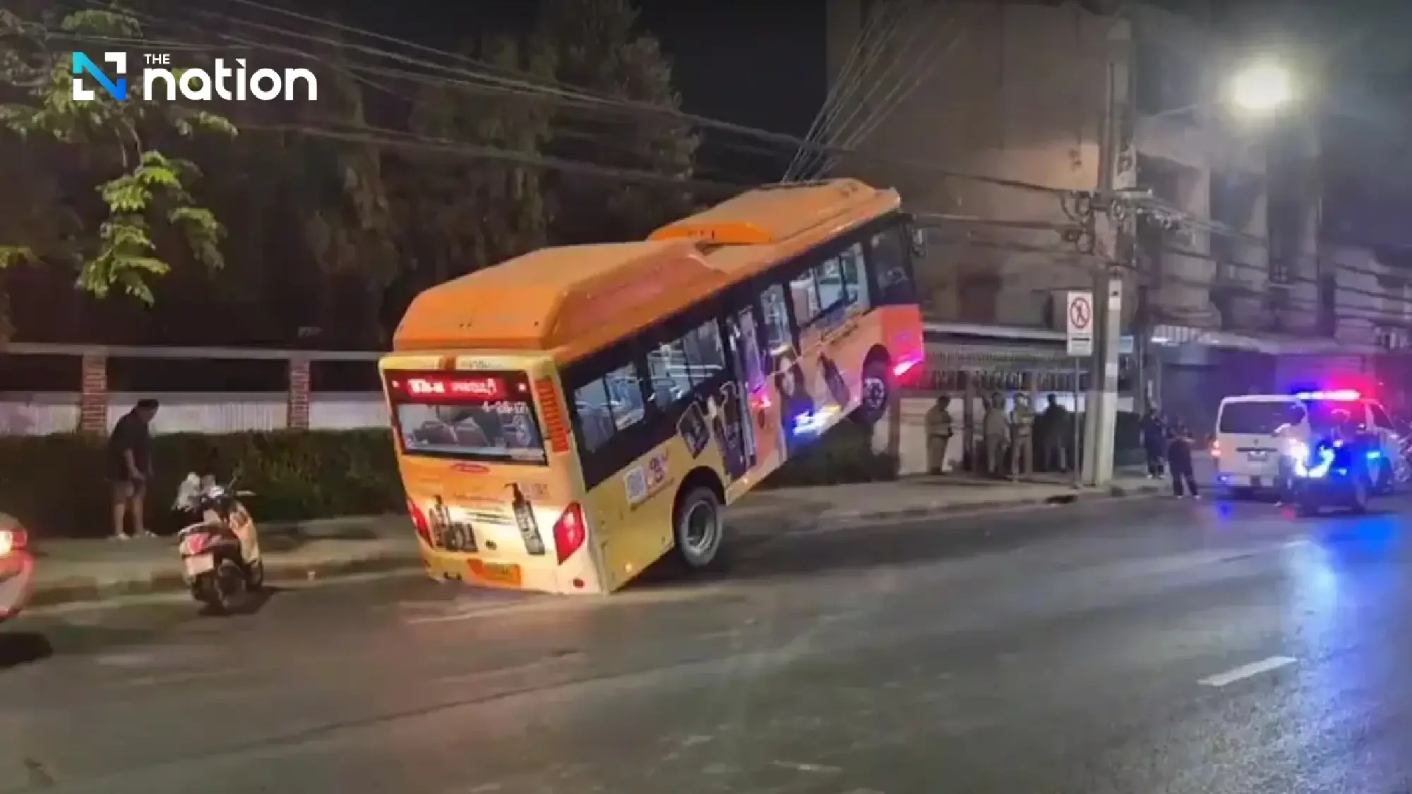 No injuries as city bus loses control, gets hung up on power lines