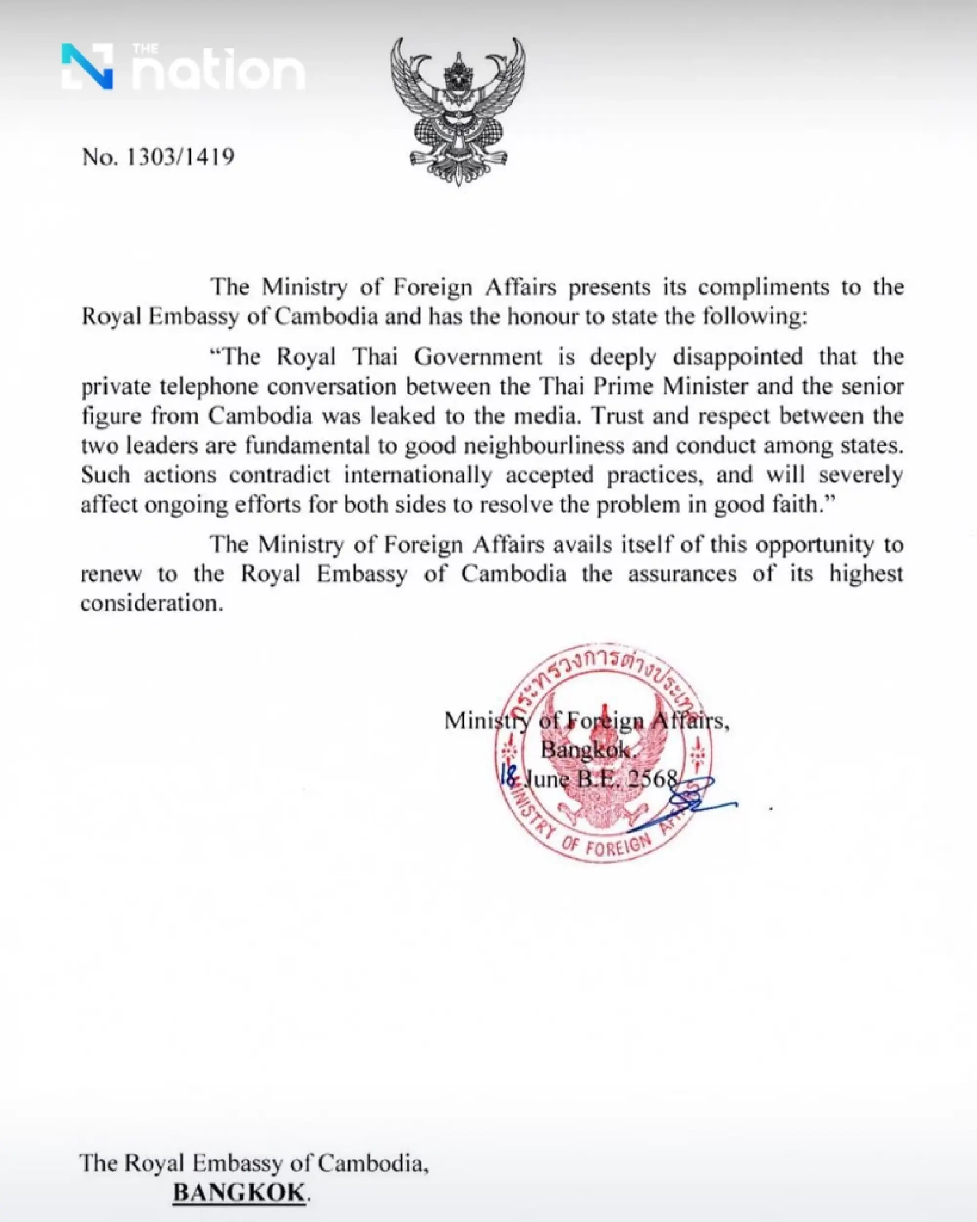 Thai FM summons Cambodian ambassador over leaked audio clip
