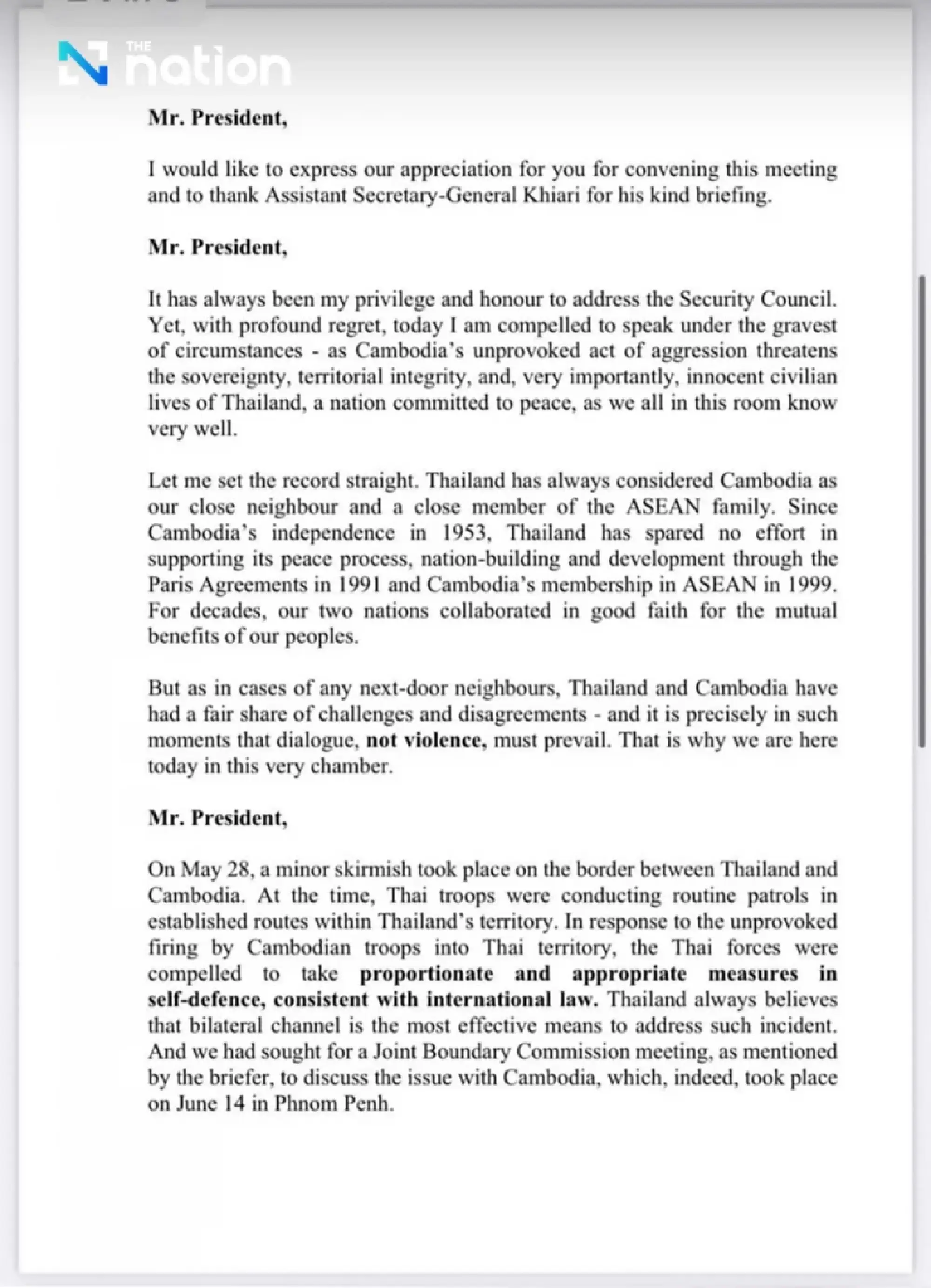 Thai Ambassador to UNSC condemns Cambodia’s violations, calls for immediate ceasefire and peace talks